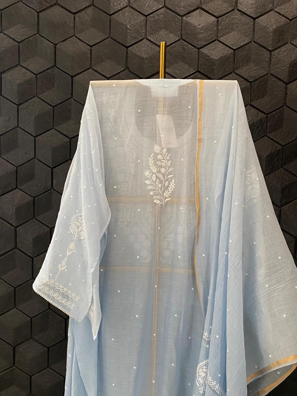 Blue Mul Chanderi Chikankari Kurta Set