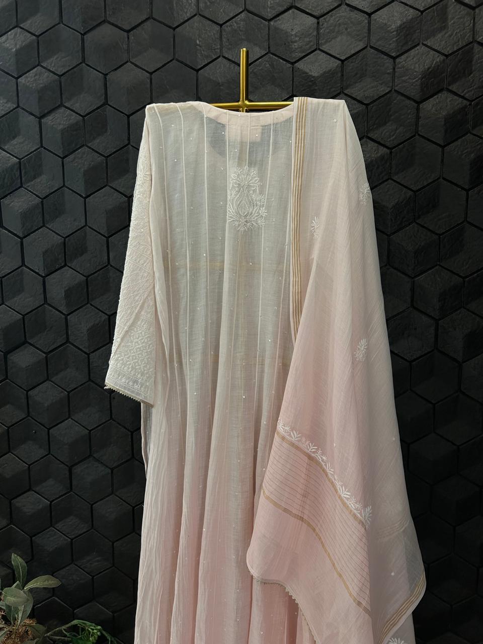 Pink  Mul Chanderi Chikankari Anarkali Set