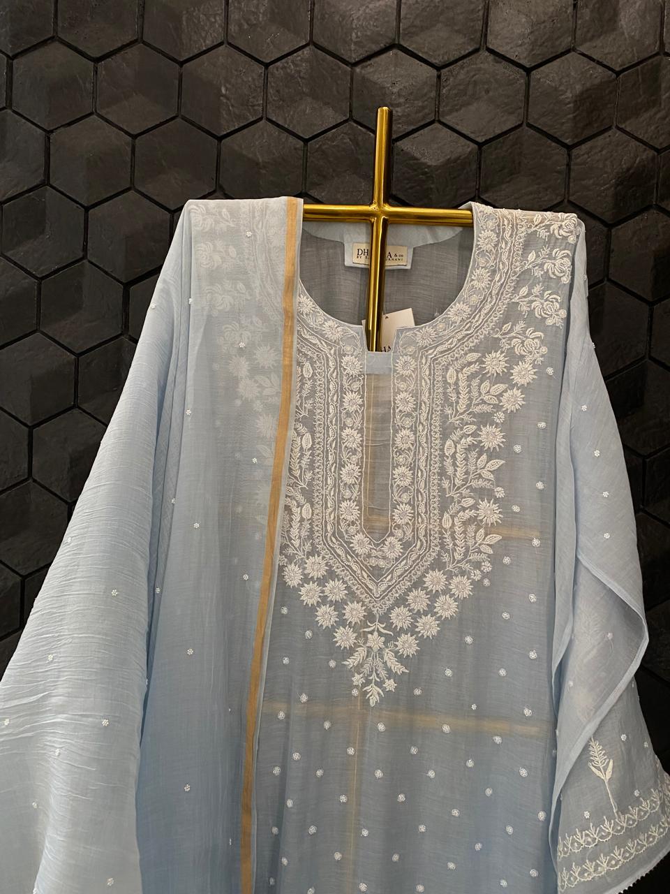 Blue Mul Chanderi Chikankari Kurta Set