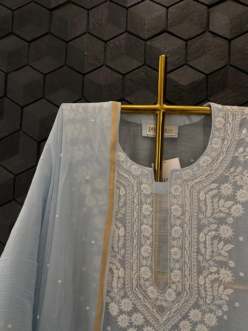 Blue Mul Chanderi Chikankari Kurta Set