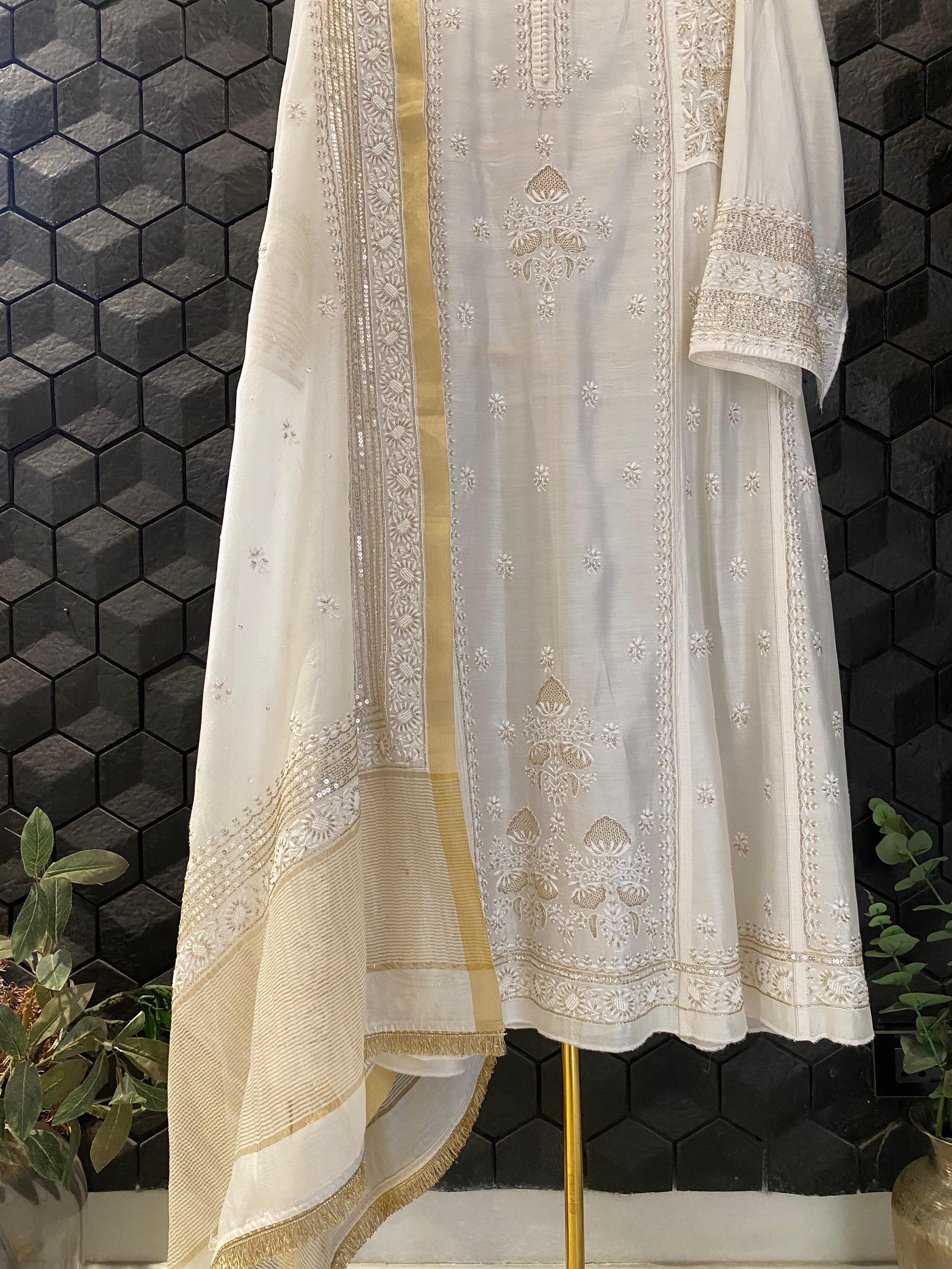 White Chanderi Chikankari Anarkali Set