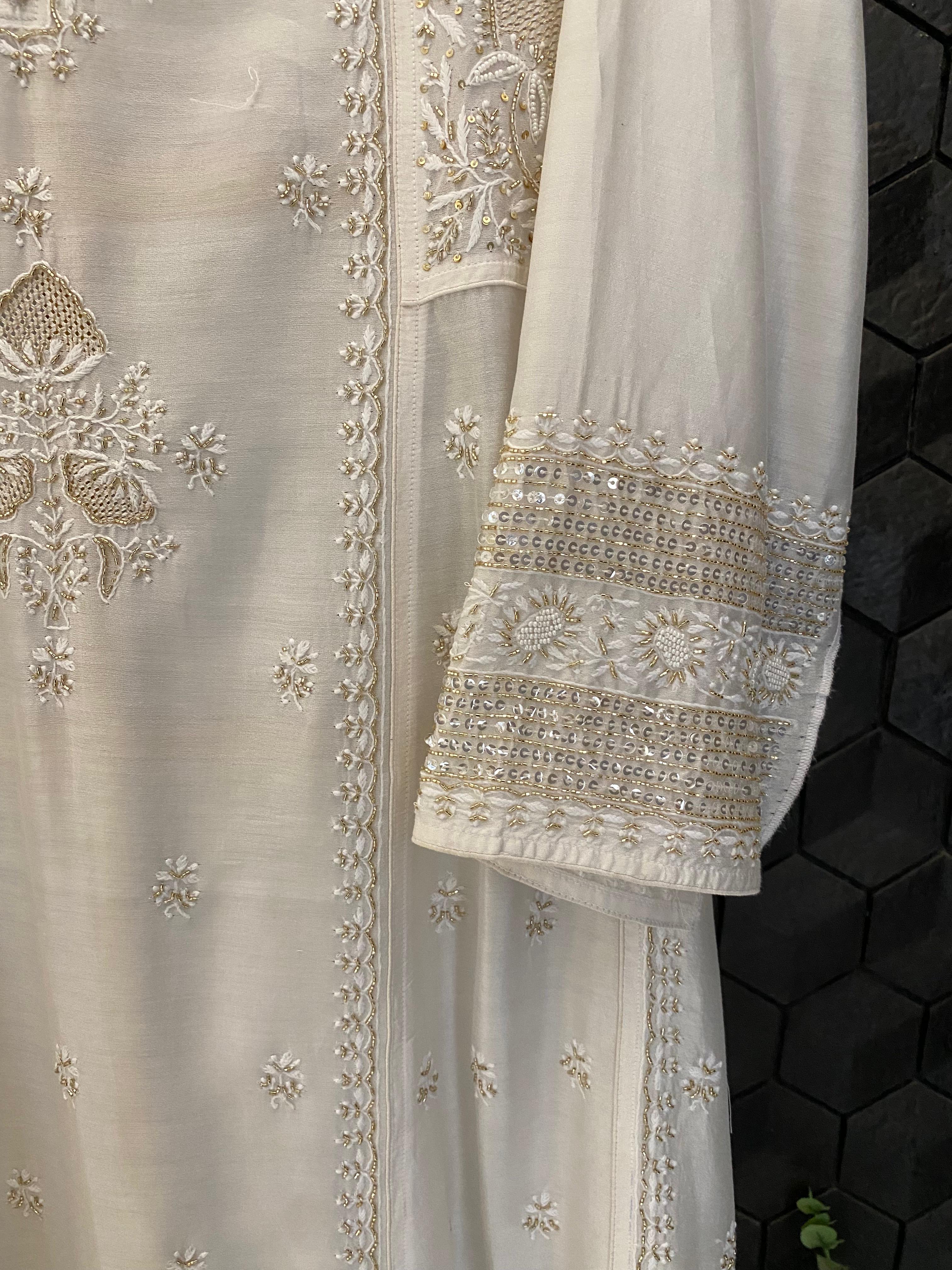 White Chanderi Chikankari Anarkali Set