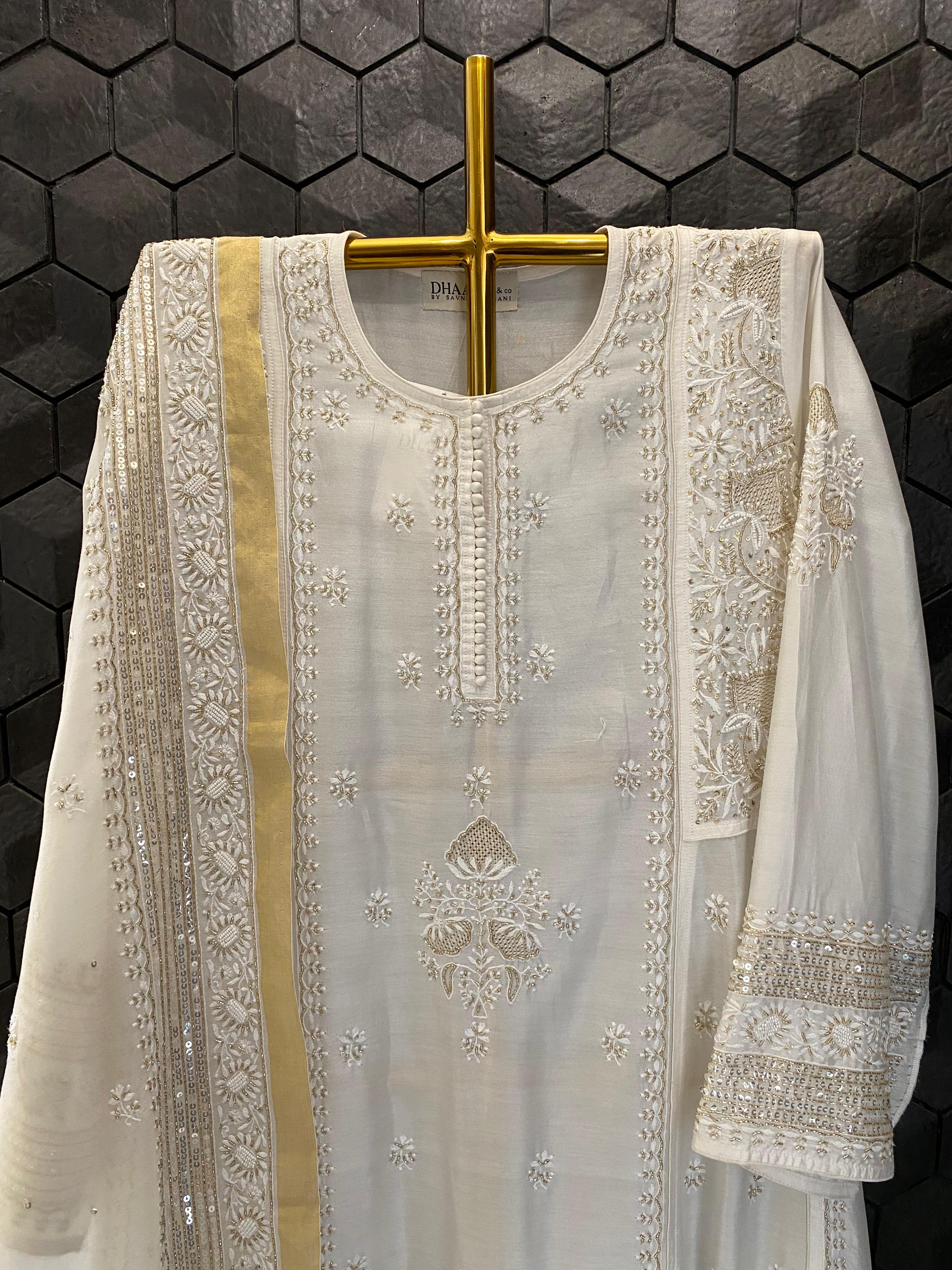 White Chanderi Chikankari Anarkali Set