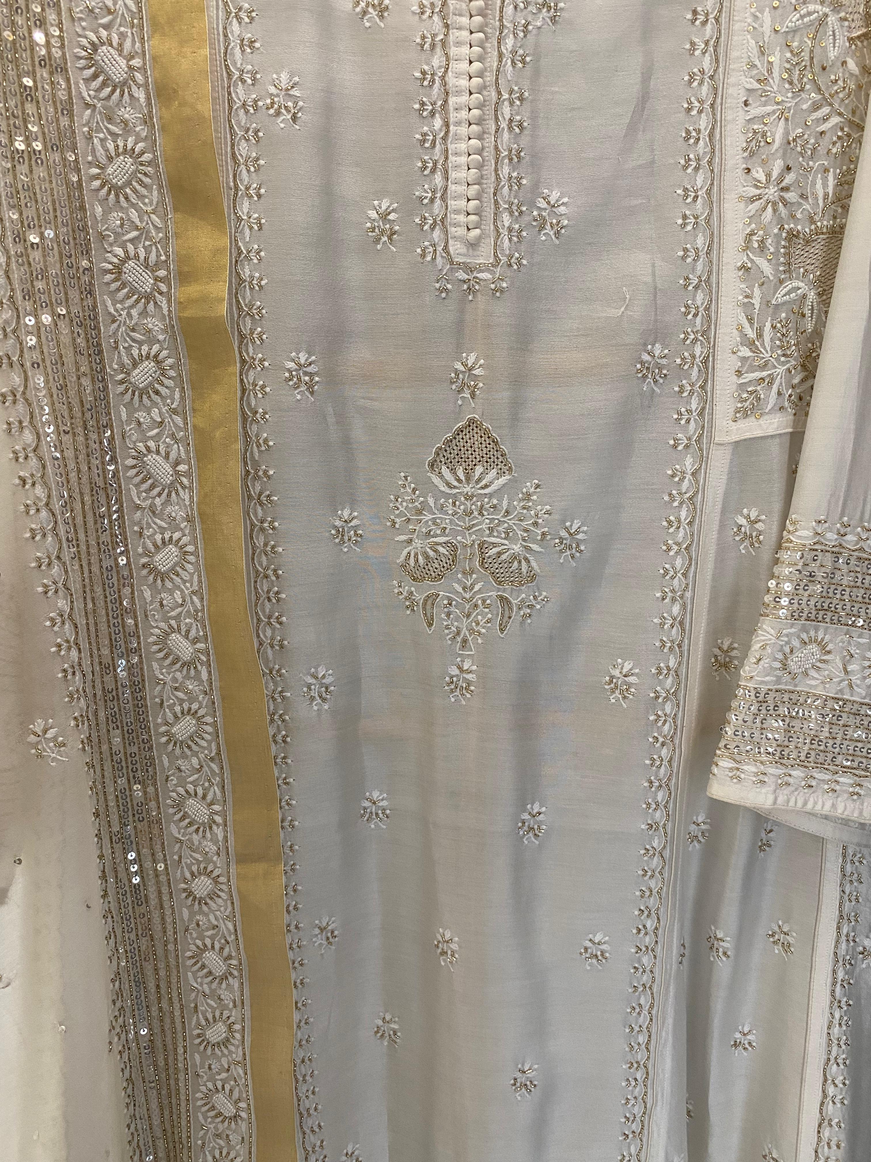 White Chanderi Chikankari Anarkali Set