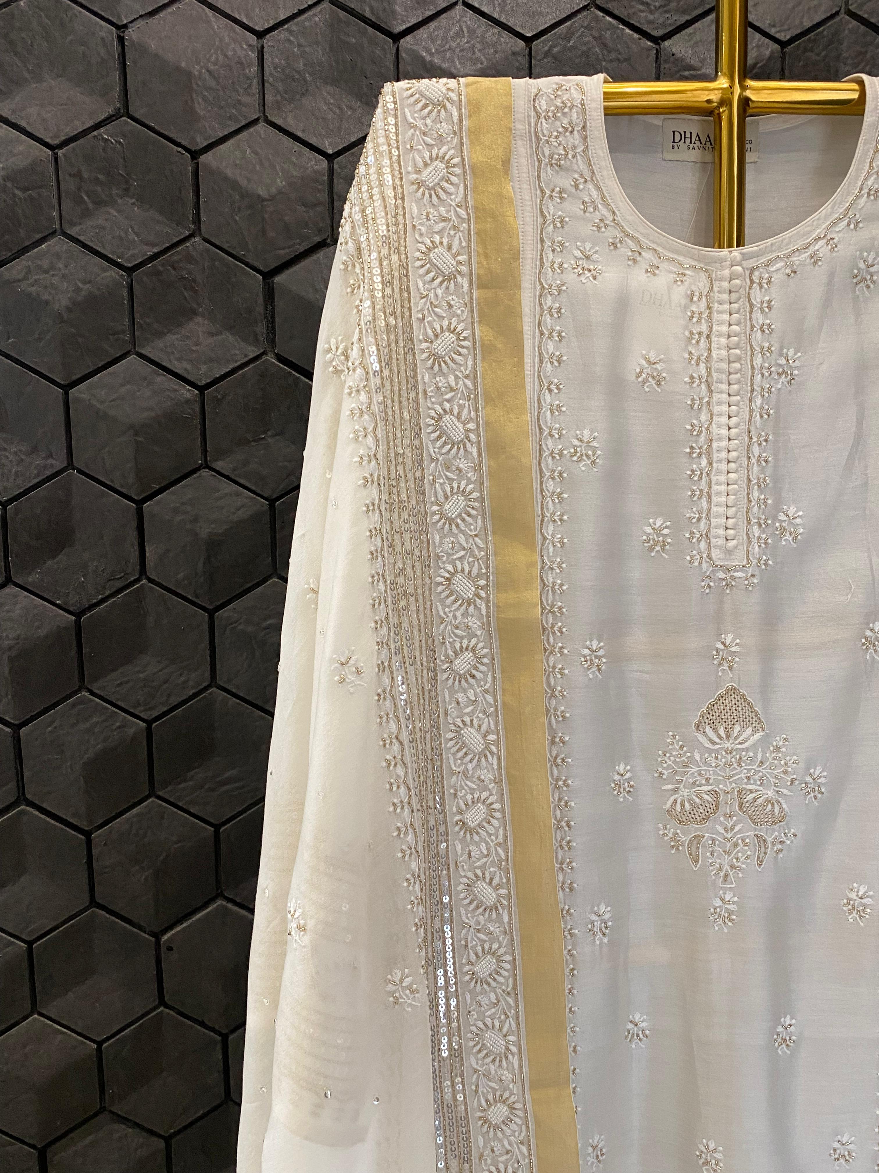 White Chanderi Chikankari Anarkali Set