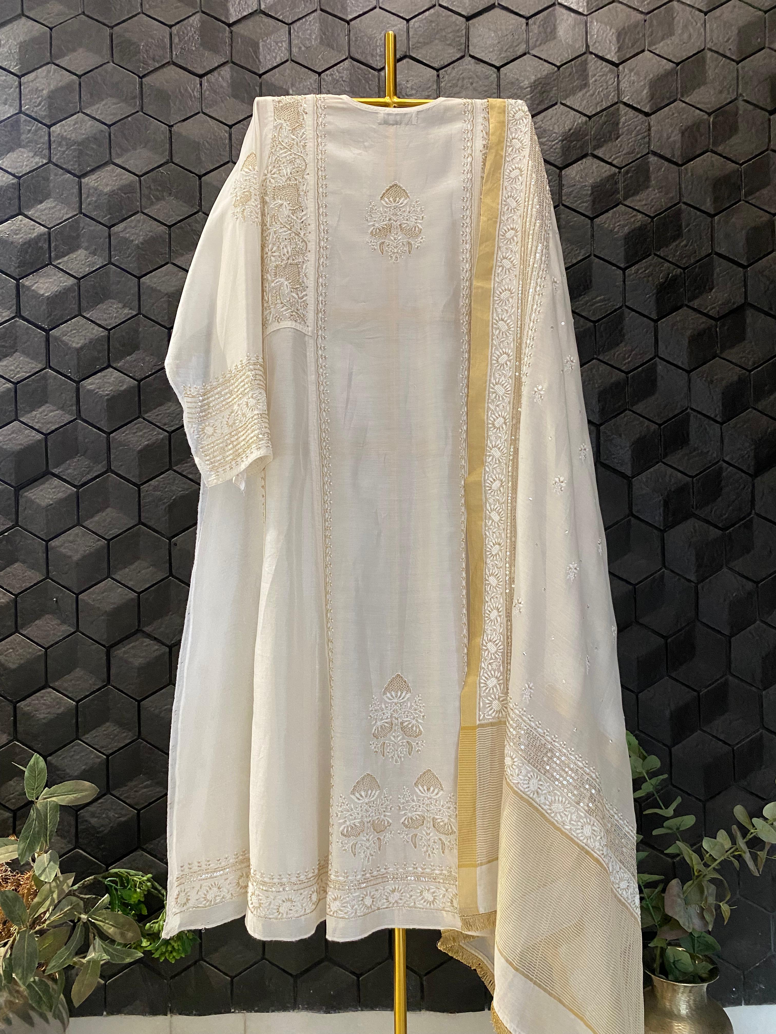 White Chanderi Chikankari Anarkali Set