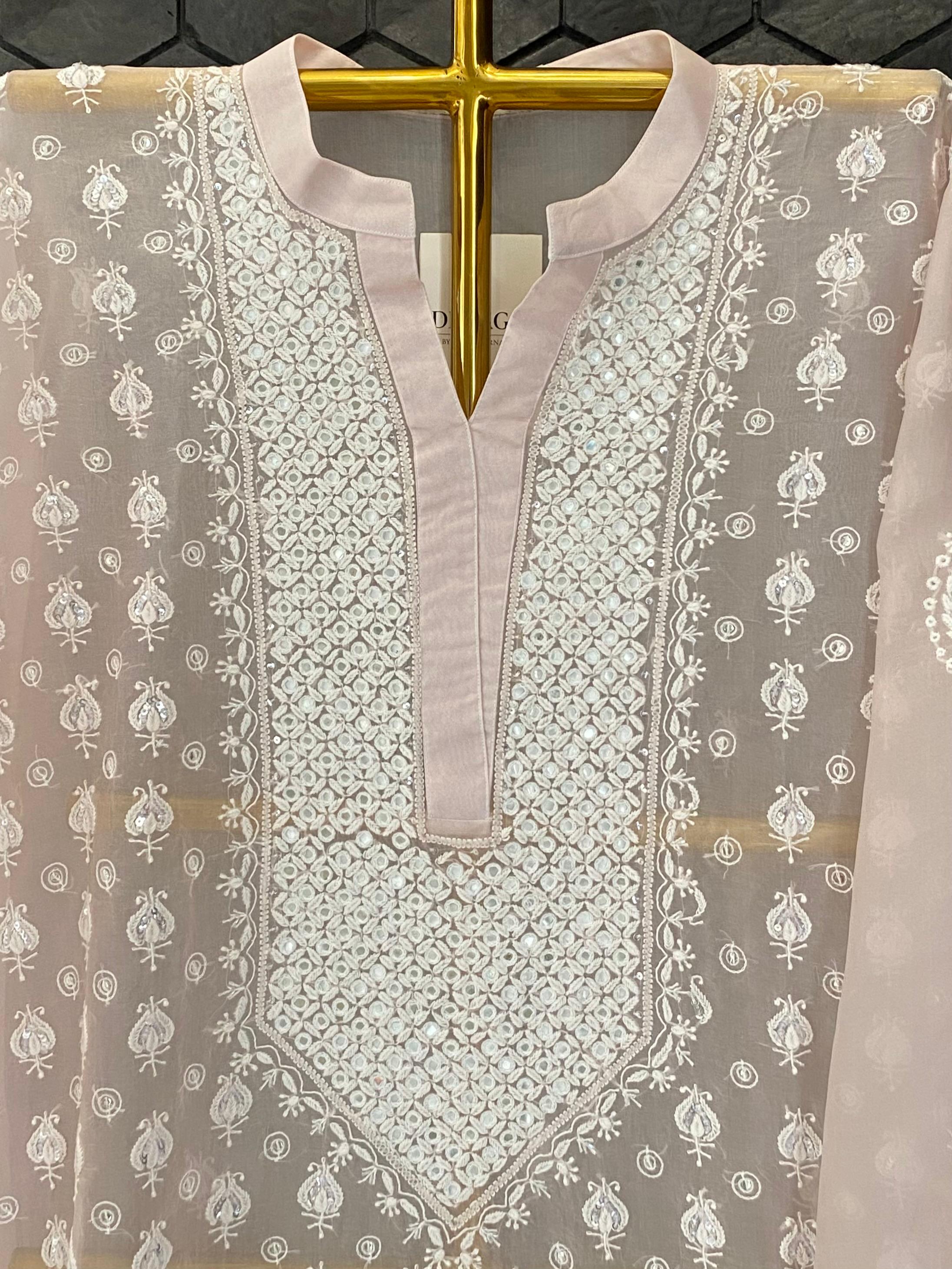 Pink Organza Chikankari Mirror Work Co-ord Set