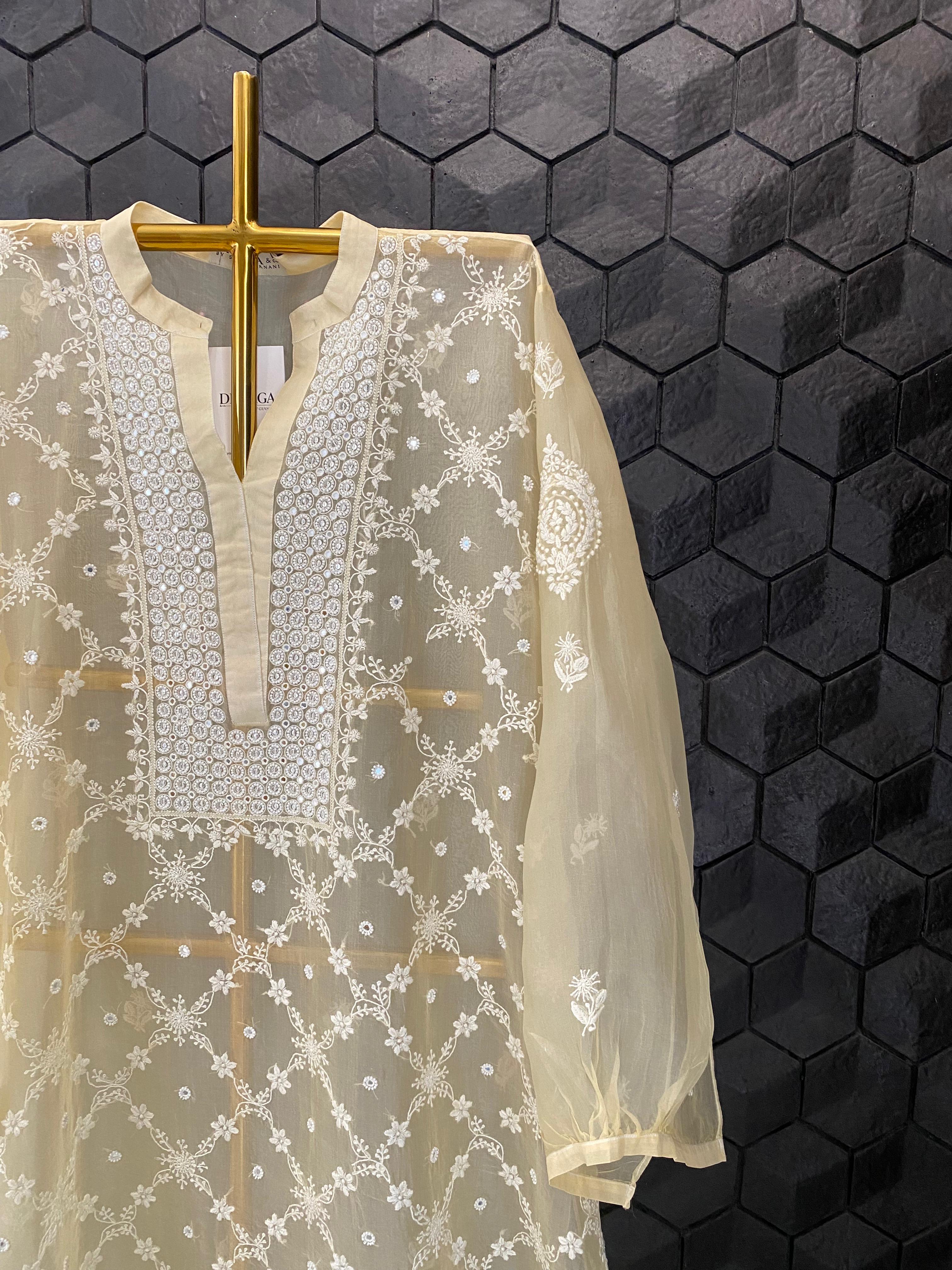 Yellow Organza Chikankari Mirror Work Co-ord Set