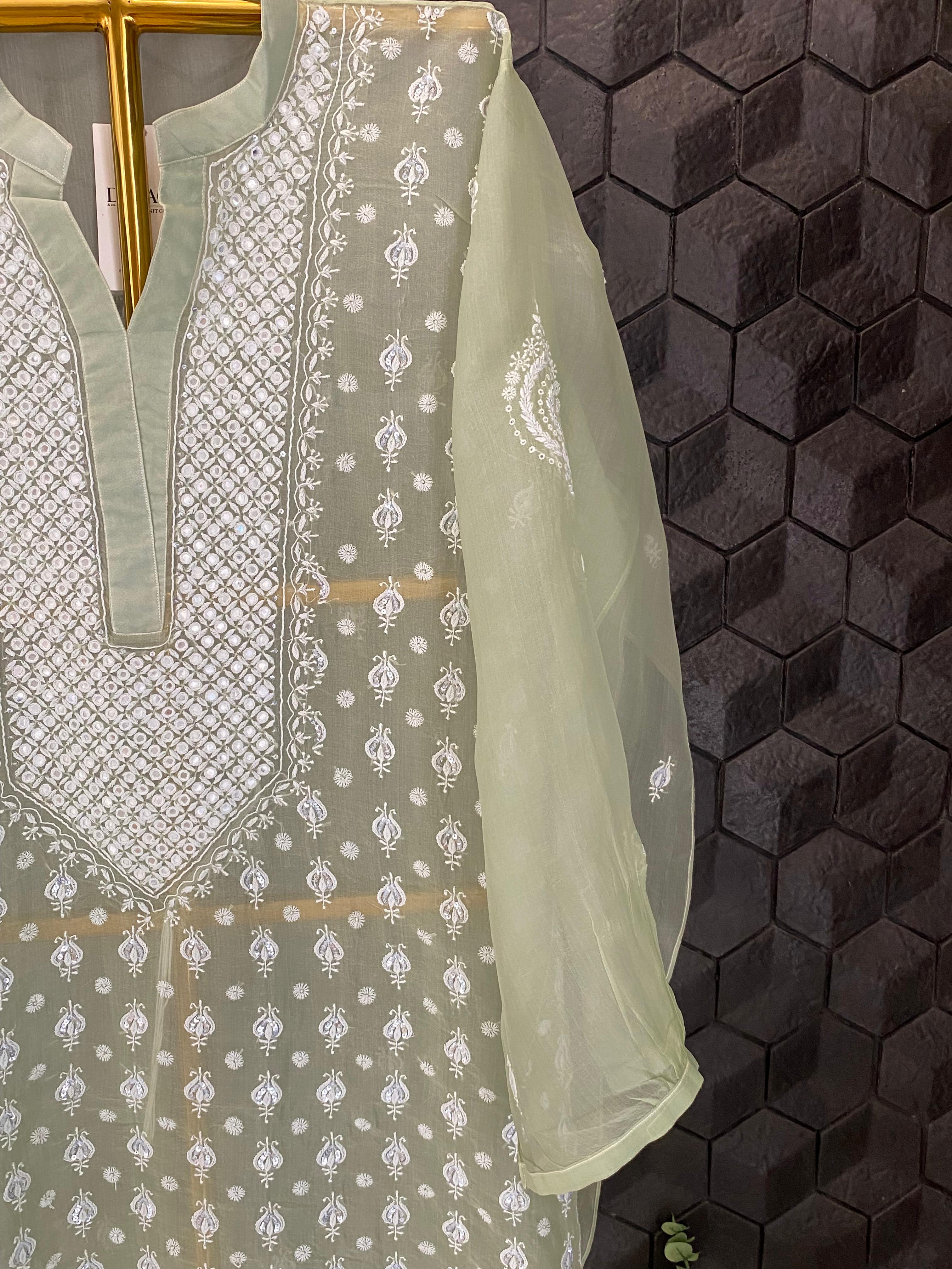 Green Organza Chikankari Mirror work Co-ord Set