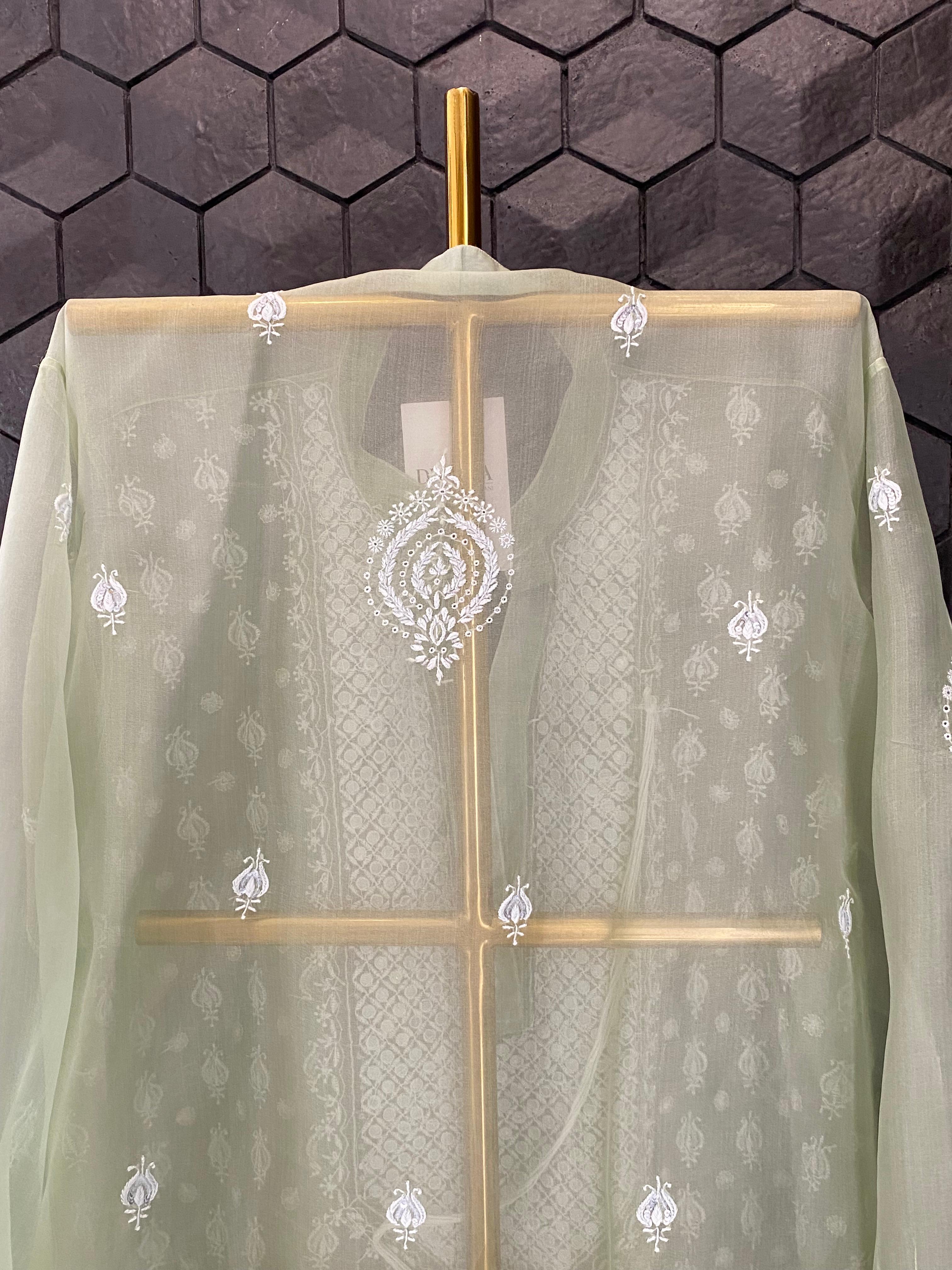Green Organza Chikankari Mirror work Co-ord Set