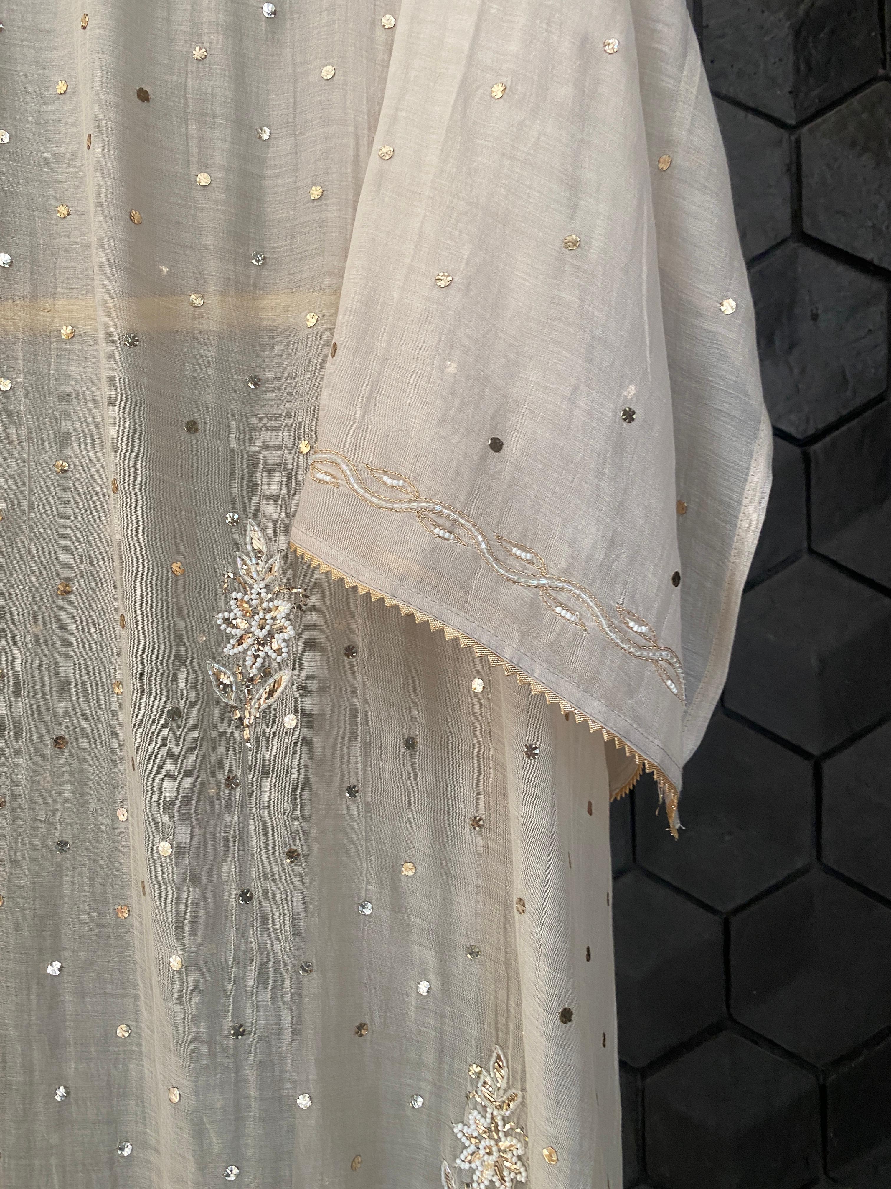 Beige Mul Chanderi Chikankari Mukaish Kurta Set