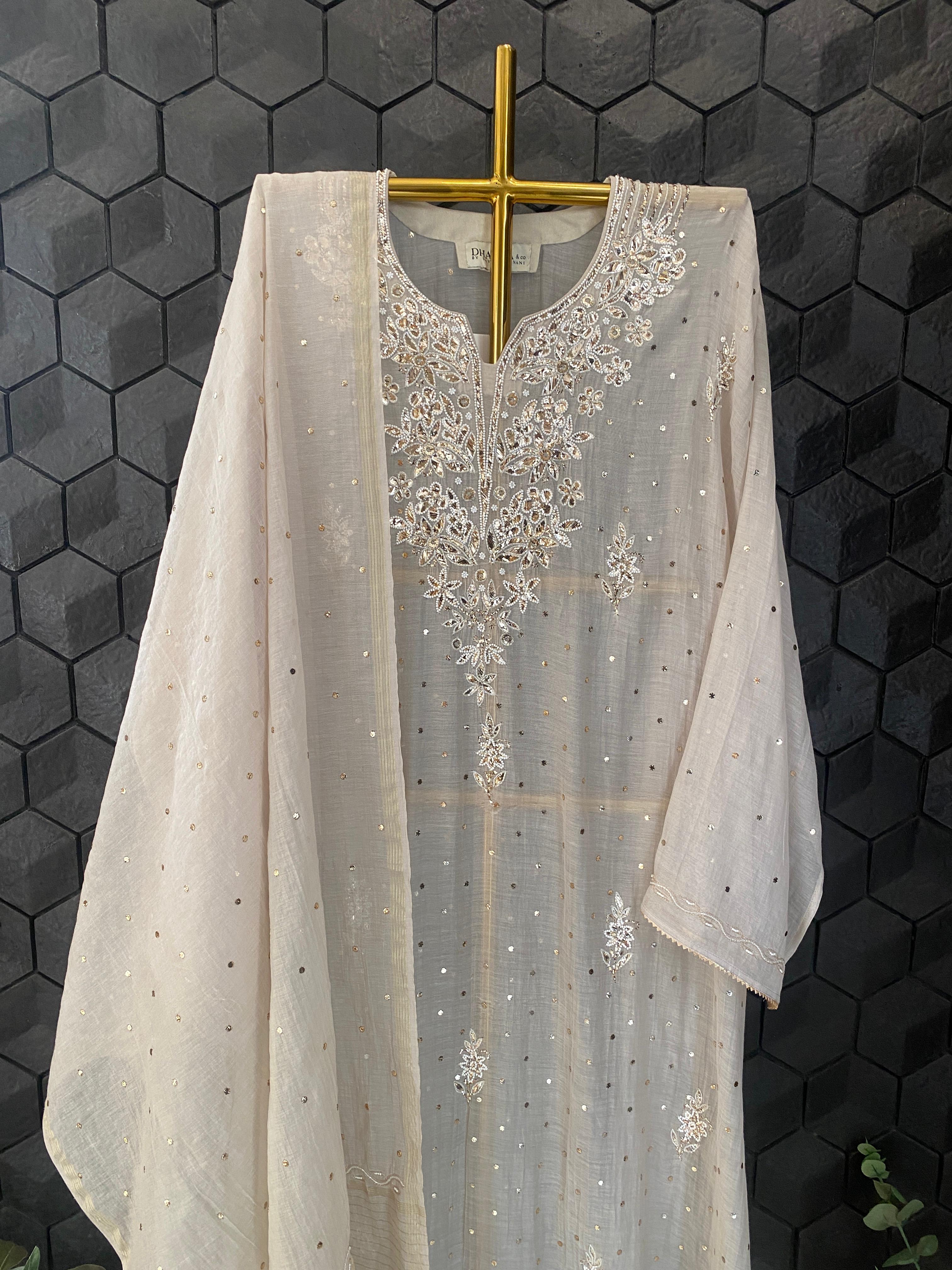 Beige Mul Chanderi Chikankari Mukaish Kurta Set