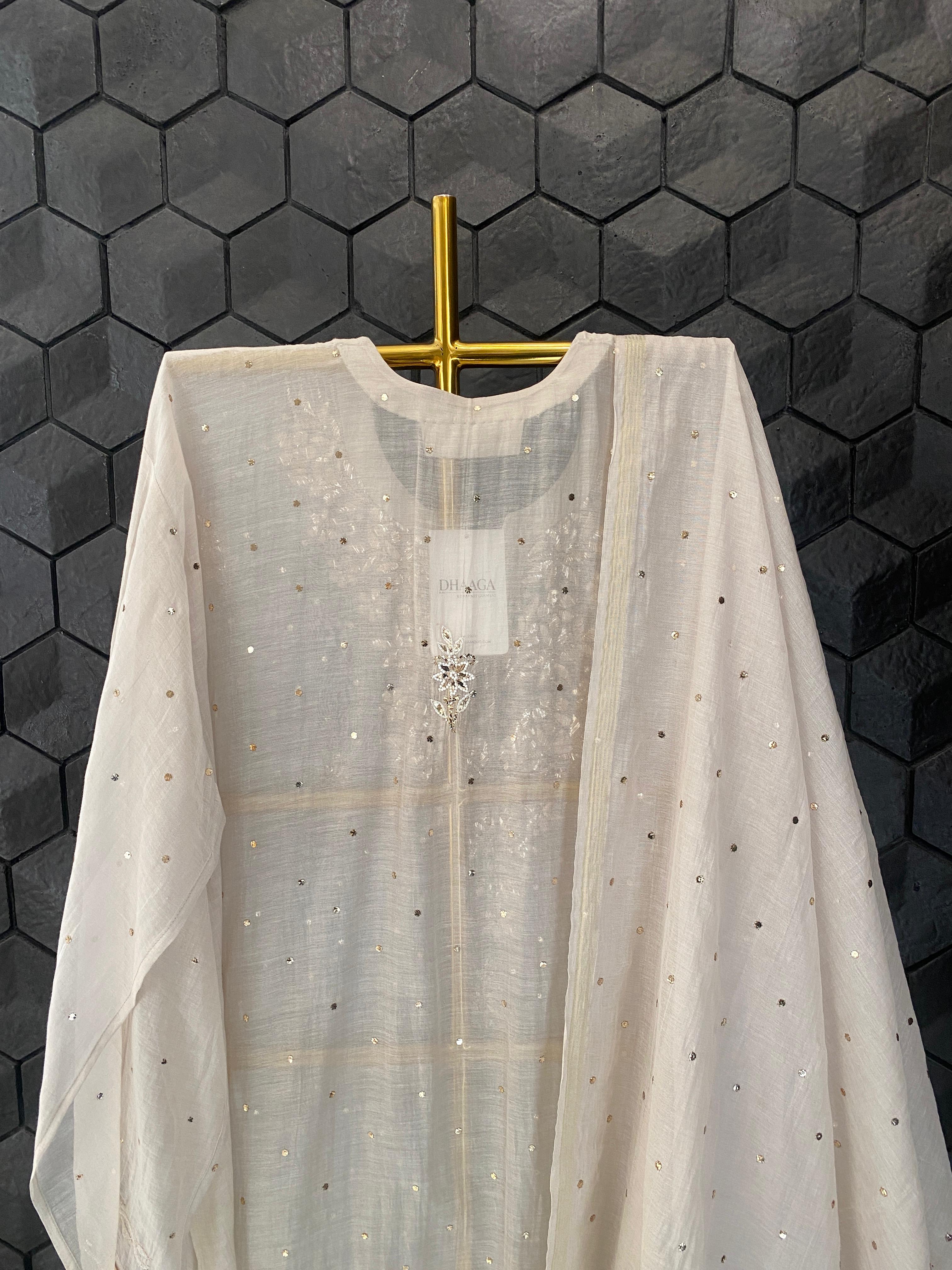 Beige Mul Chanderi Chikankari Mukaish Kurta Set