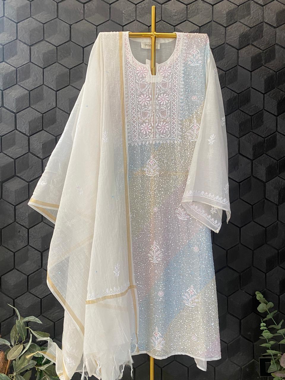 White Mul Chanderi Chikankari kurta Set