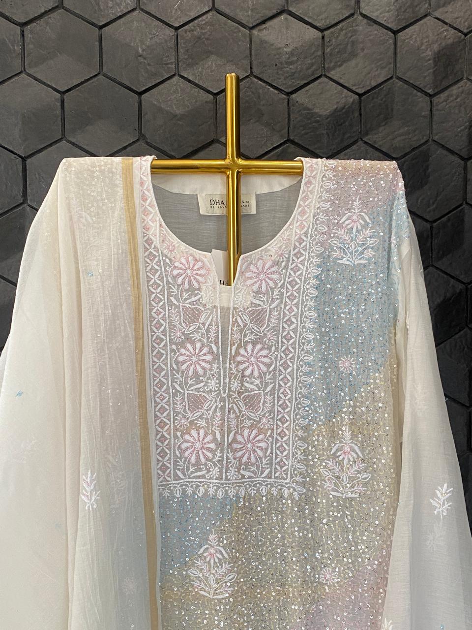 White Mul Chanderi Chikankari kurta Set