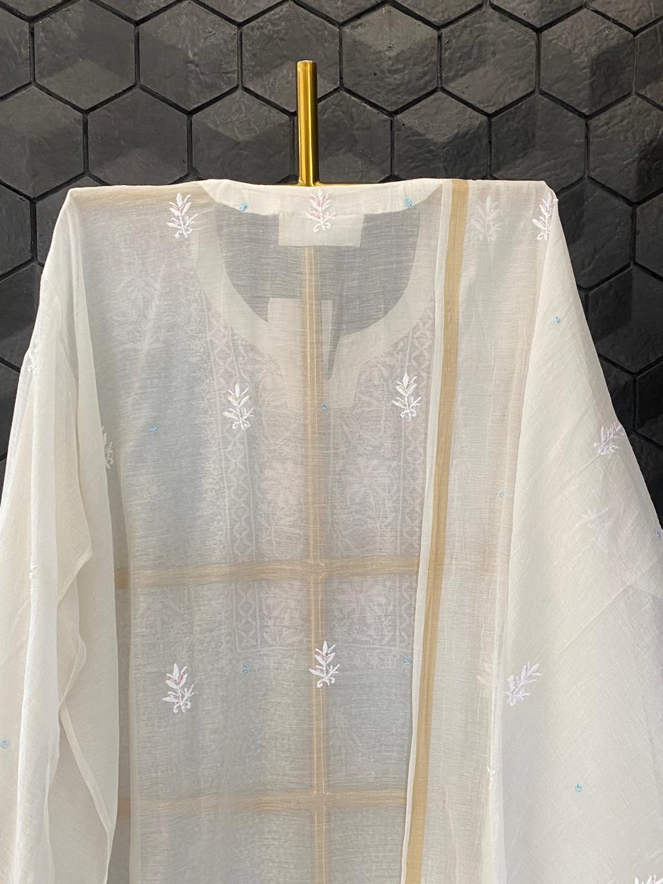 White Mul Chanderi Chikankari kurta Set