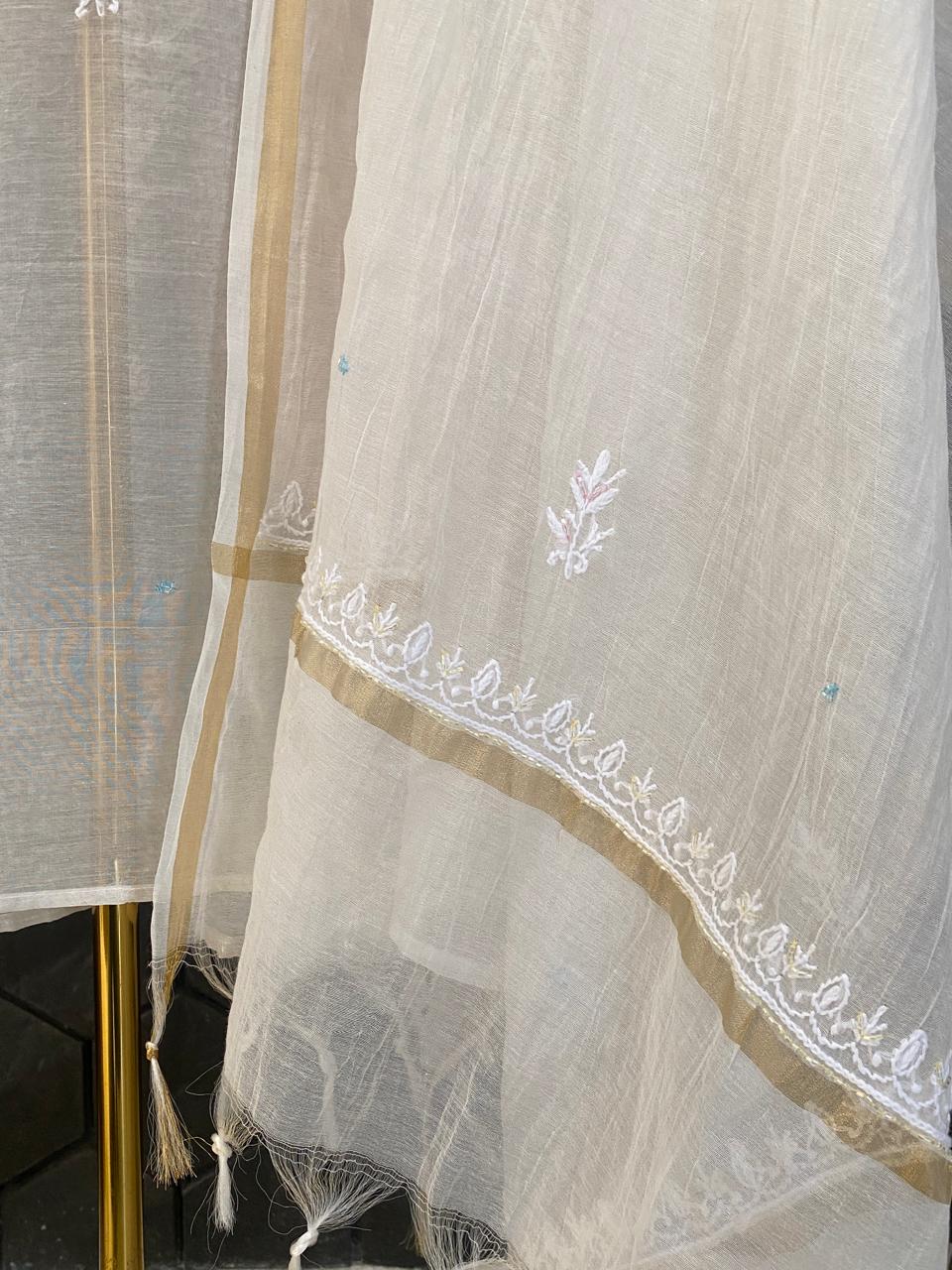 White Mul Chanderi Chikankari kurta Set