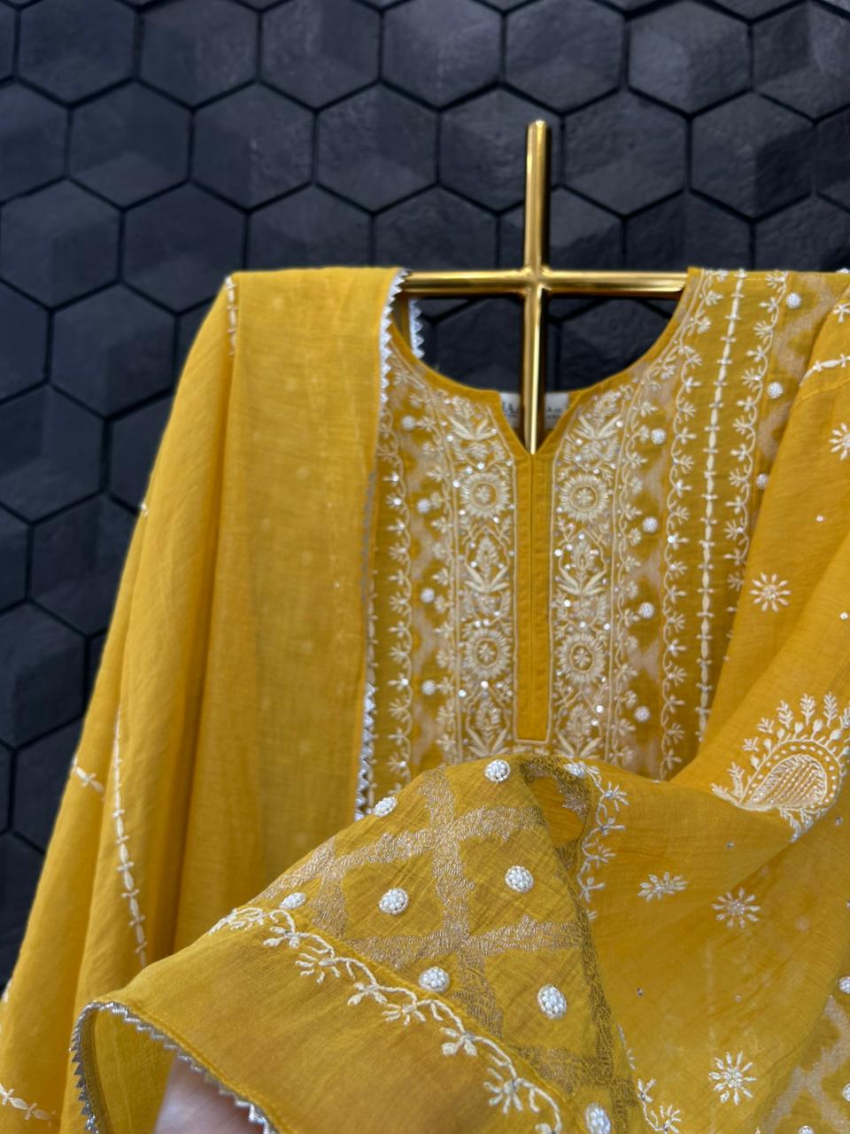 Mustard tissue chikankari anarkali set