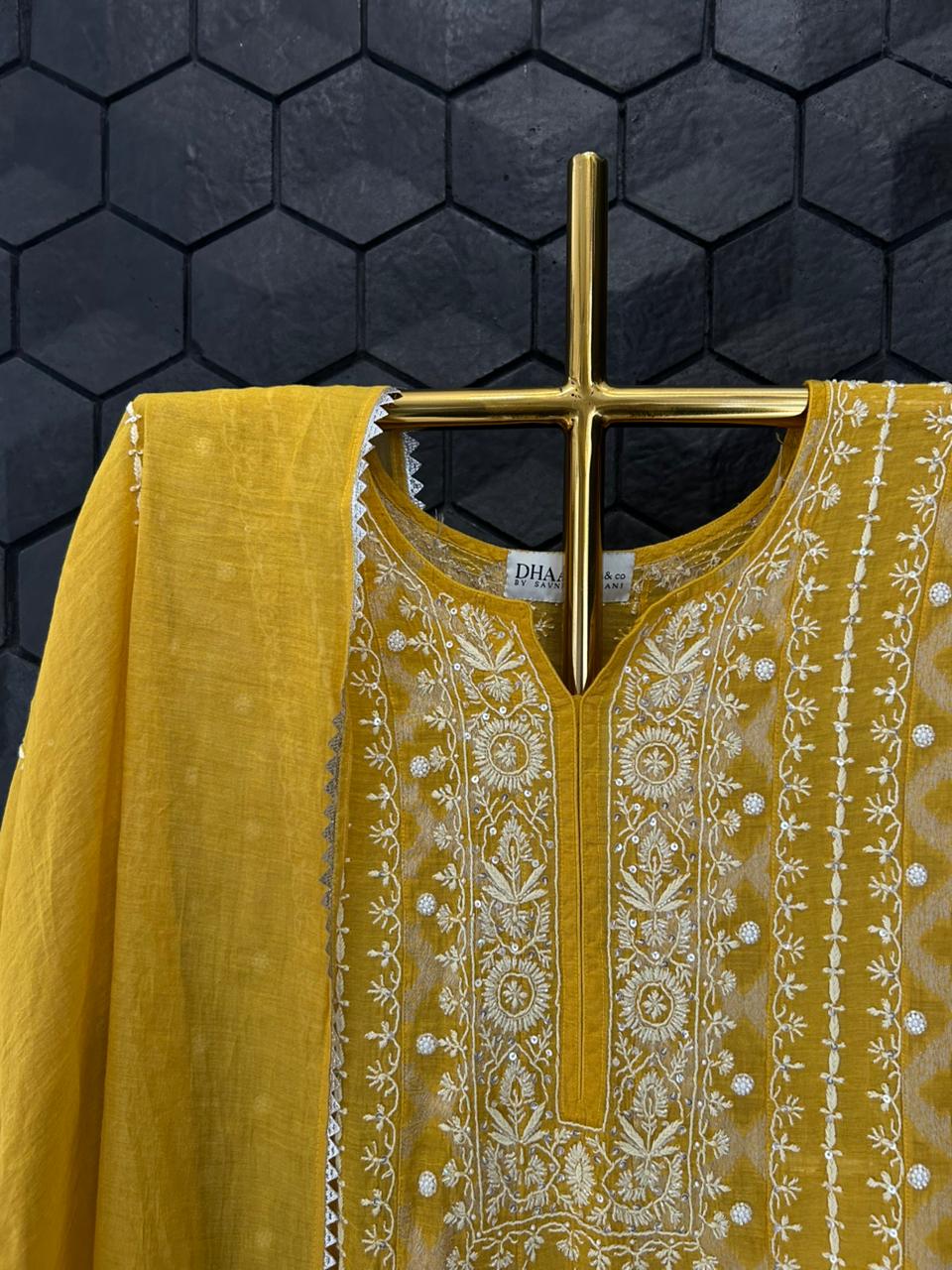 Mustard tissue chikankari anarkali set