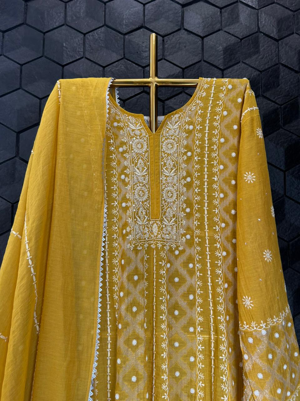 Mustard tissue chikankari anarkali set