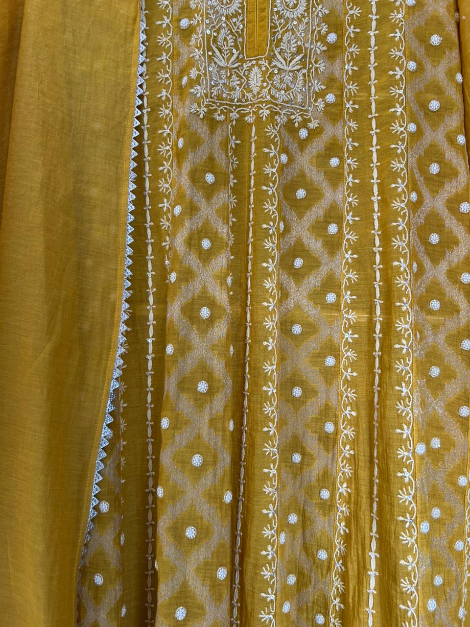 Mustard tissue chikankari anarkali set