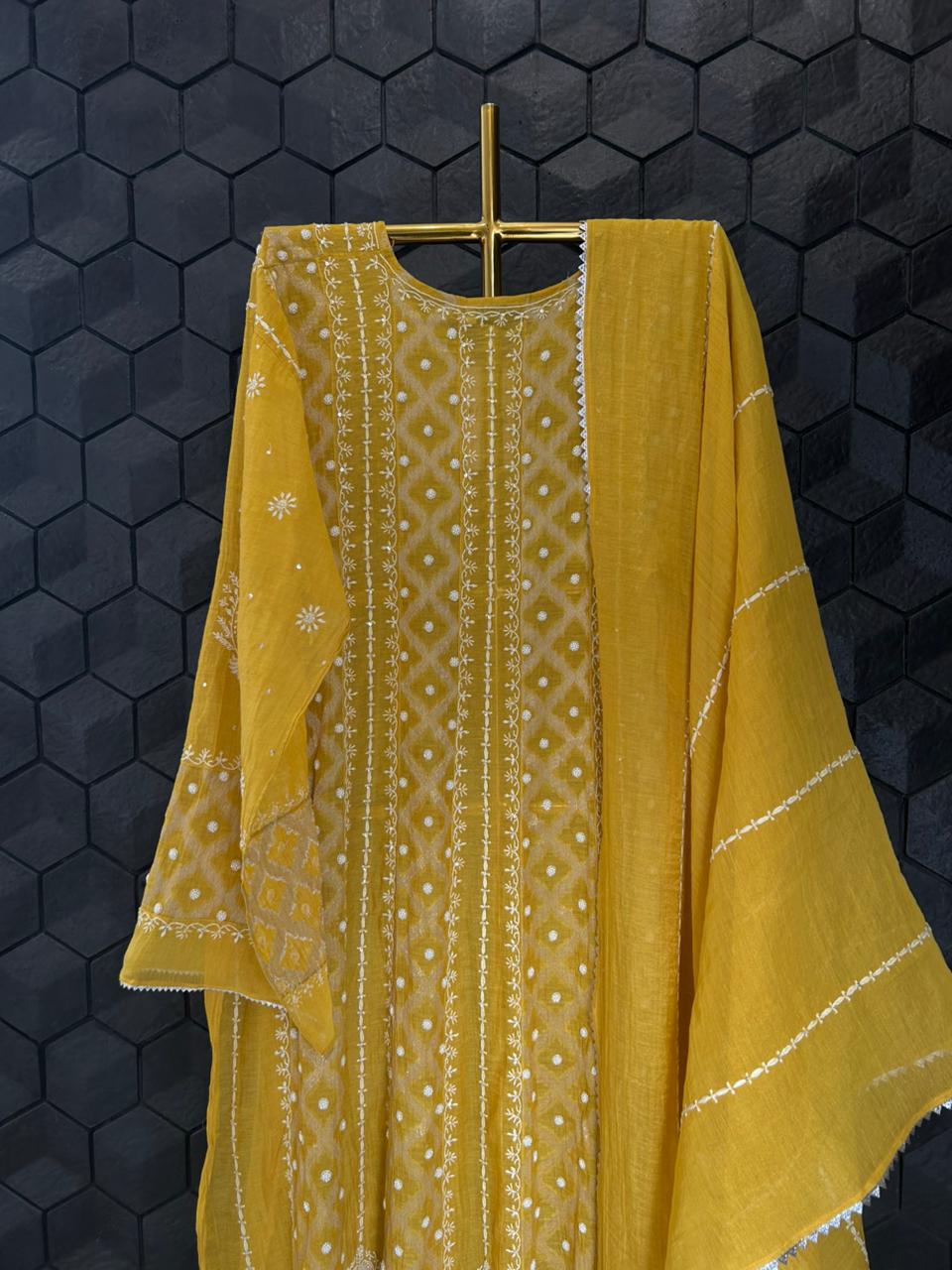 Mustard tissue chikankari anarkali set