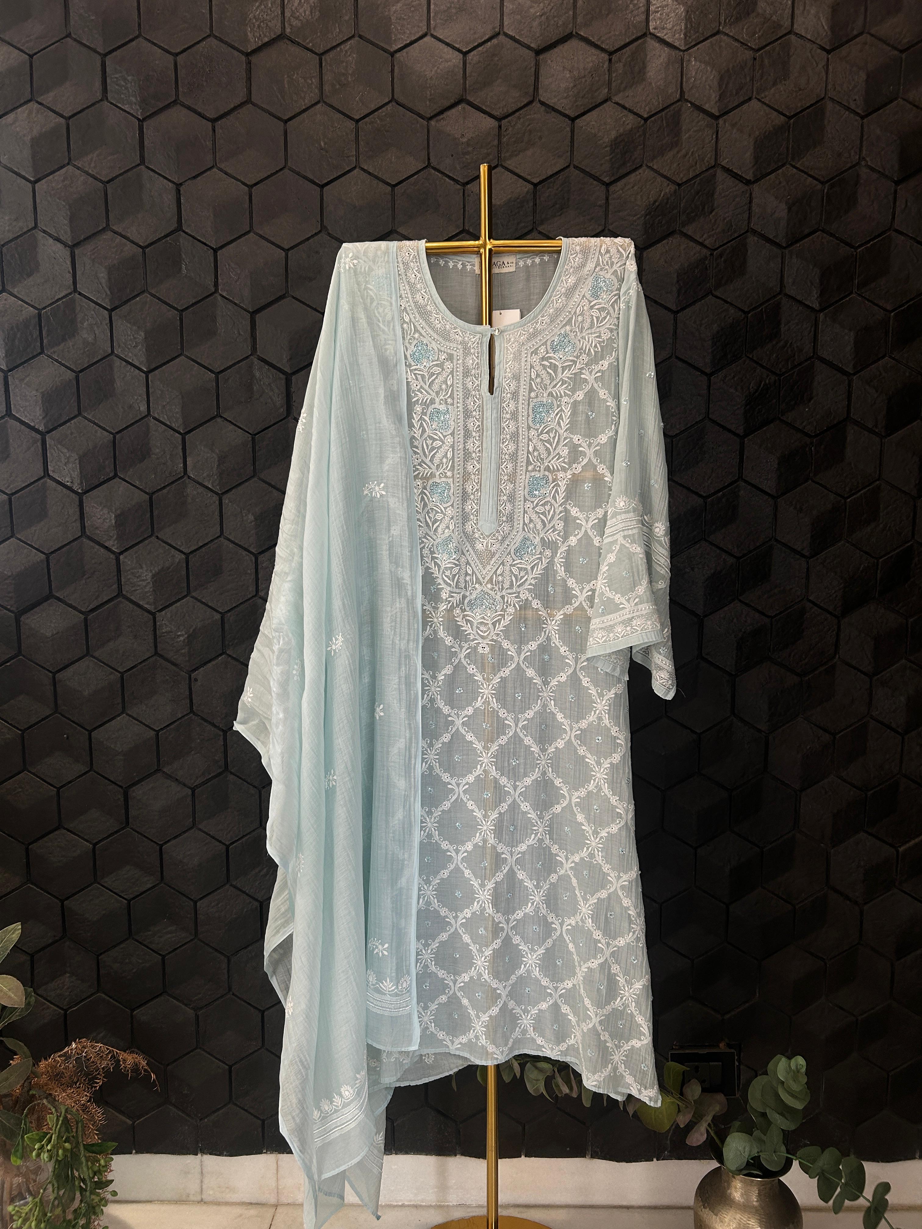 Blue Mul Chanderi Chikankari Kurta Set