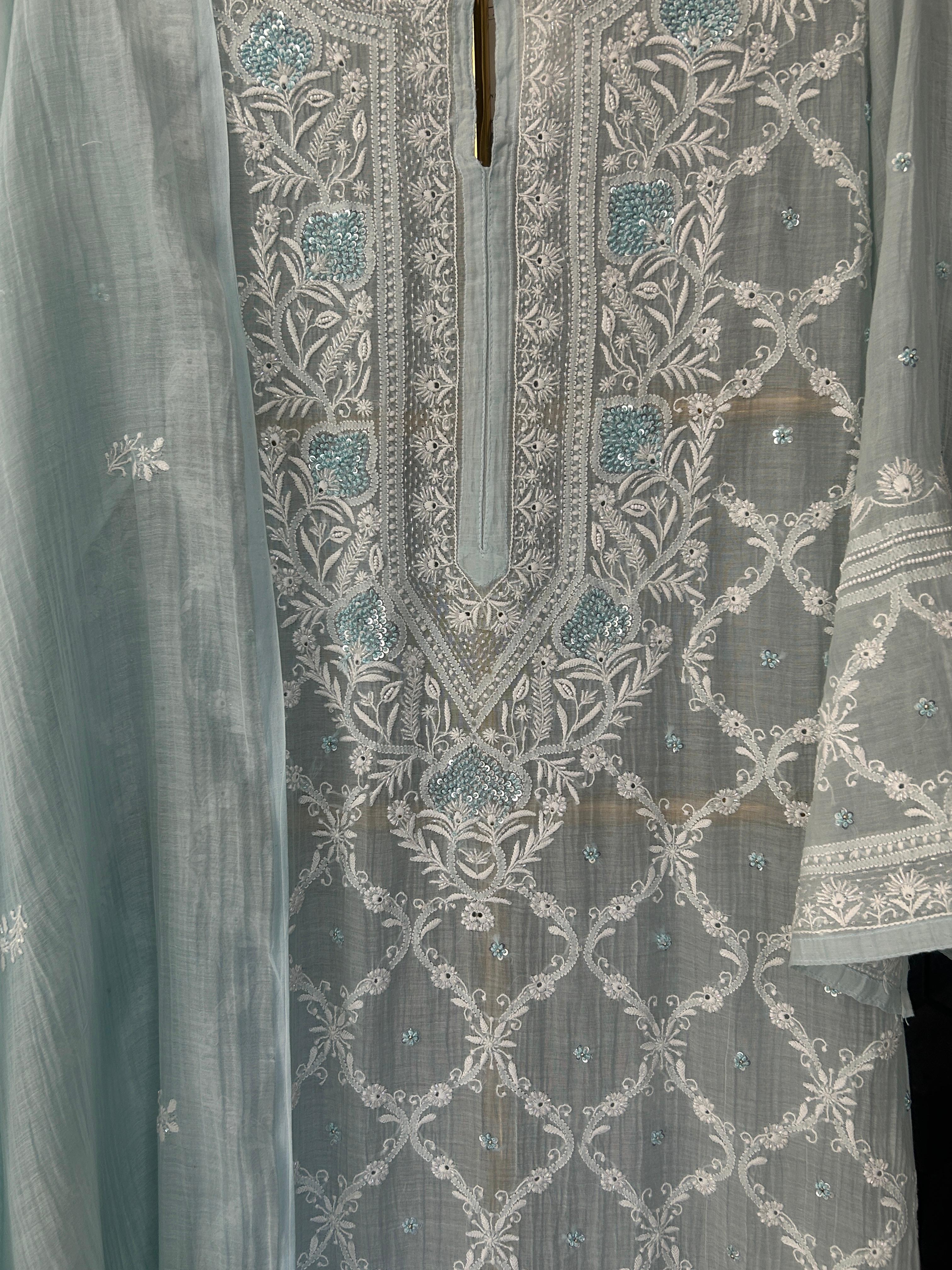 Blue Mul Chanderi Chikankari Kurta Set