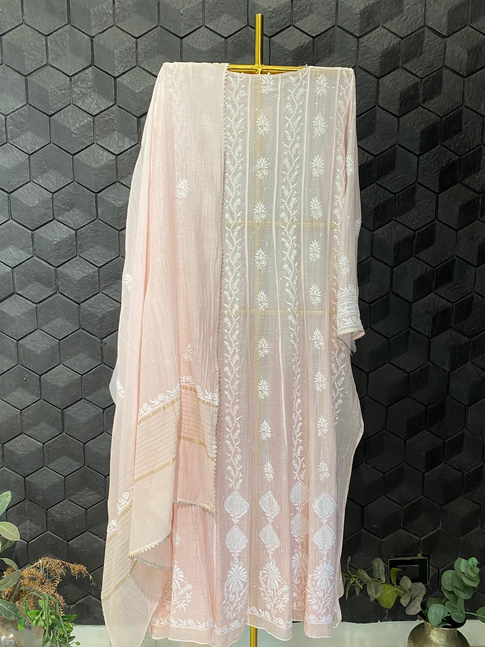 Pink Mul Chanderi Chikankari Anarkali Set