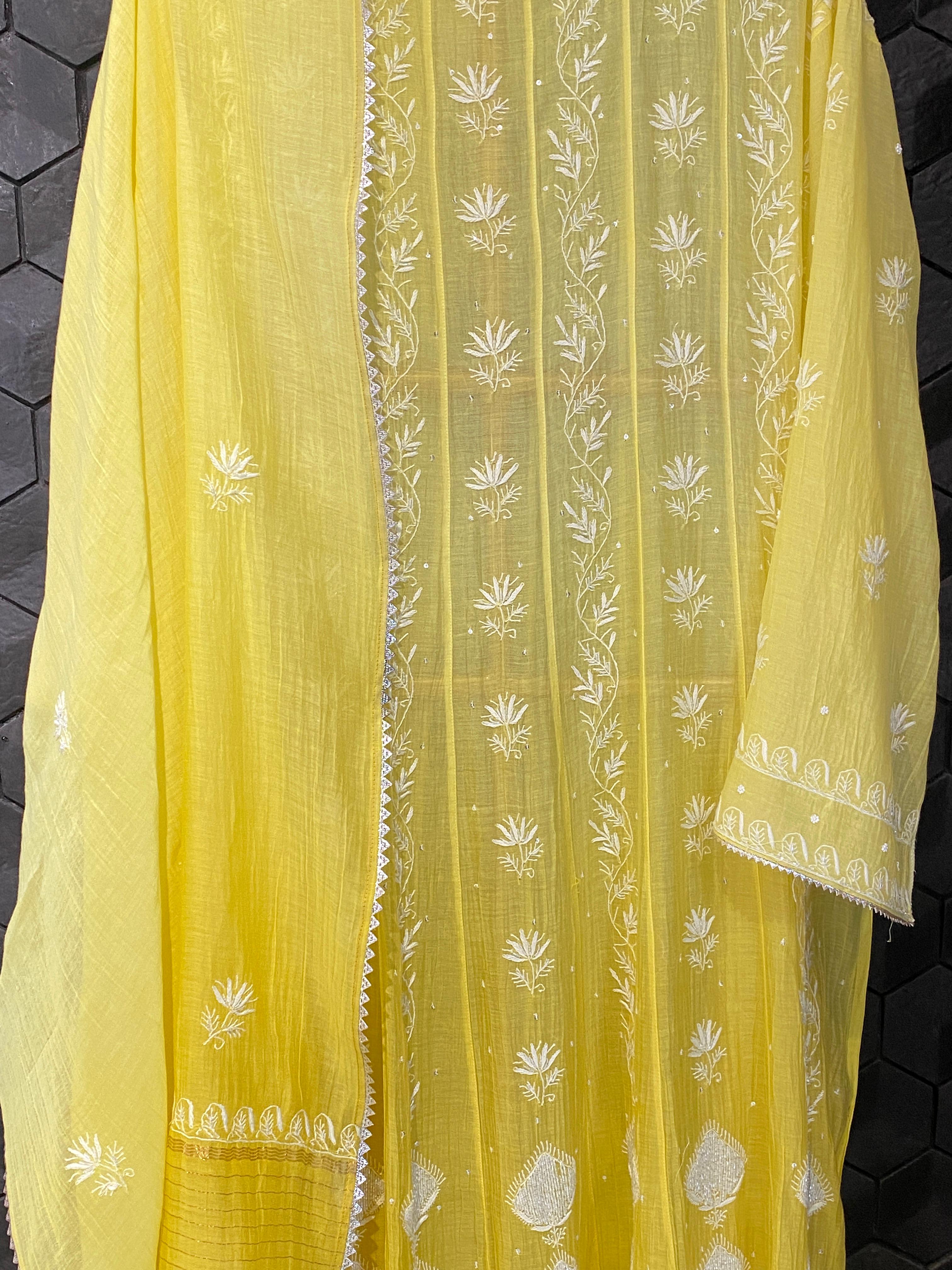 Yellow Mul Chanderi Chikankari Anarkali Set