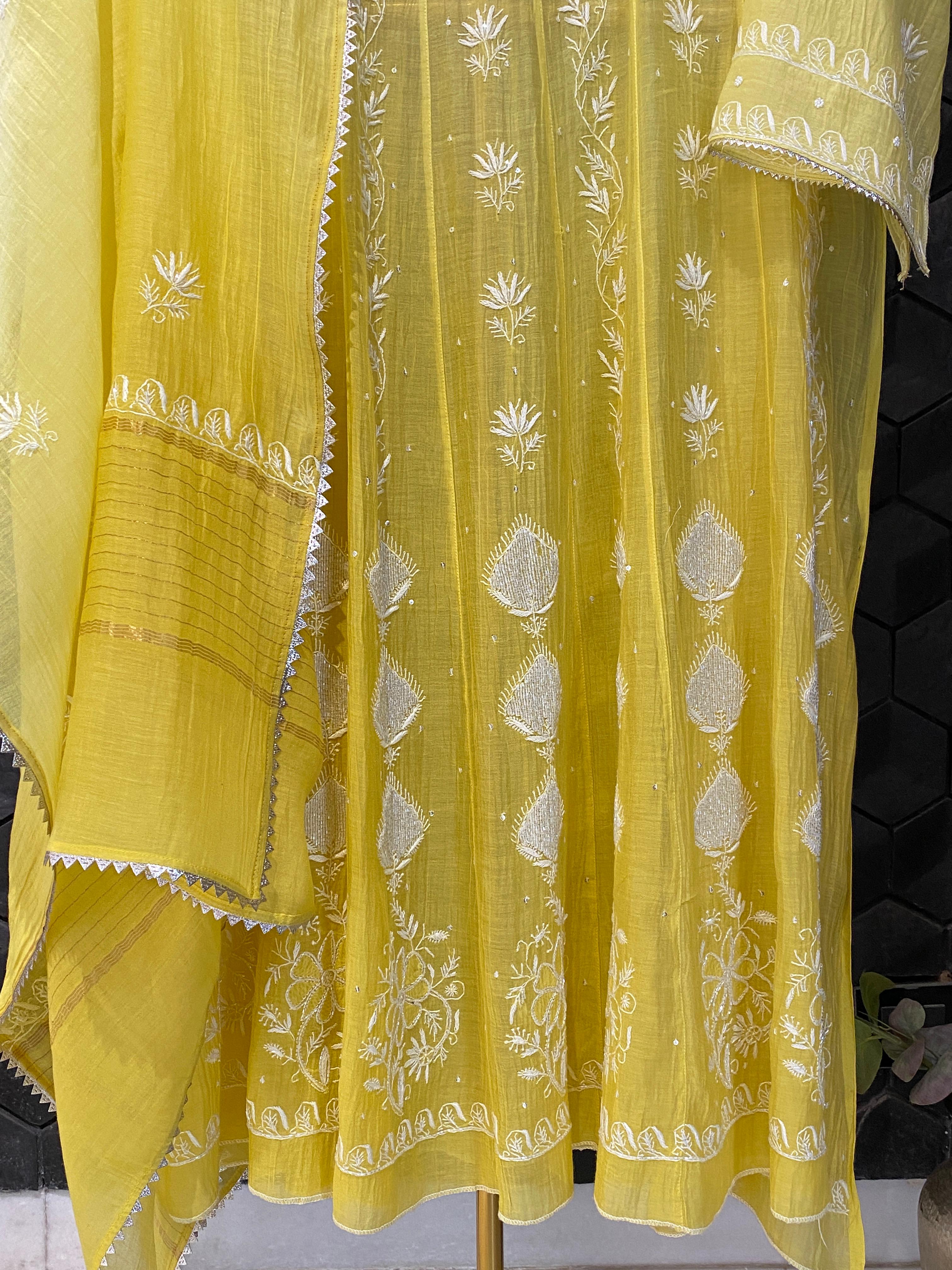 Yellow Mul Chanderi Chikankari Anarkali Set