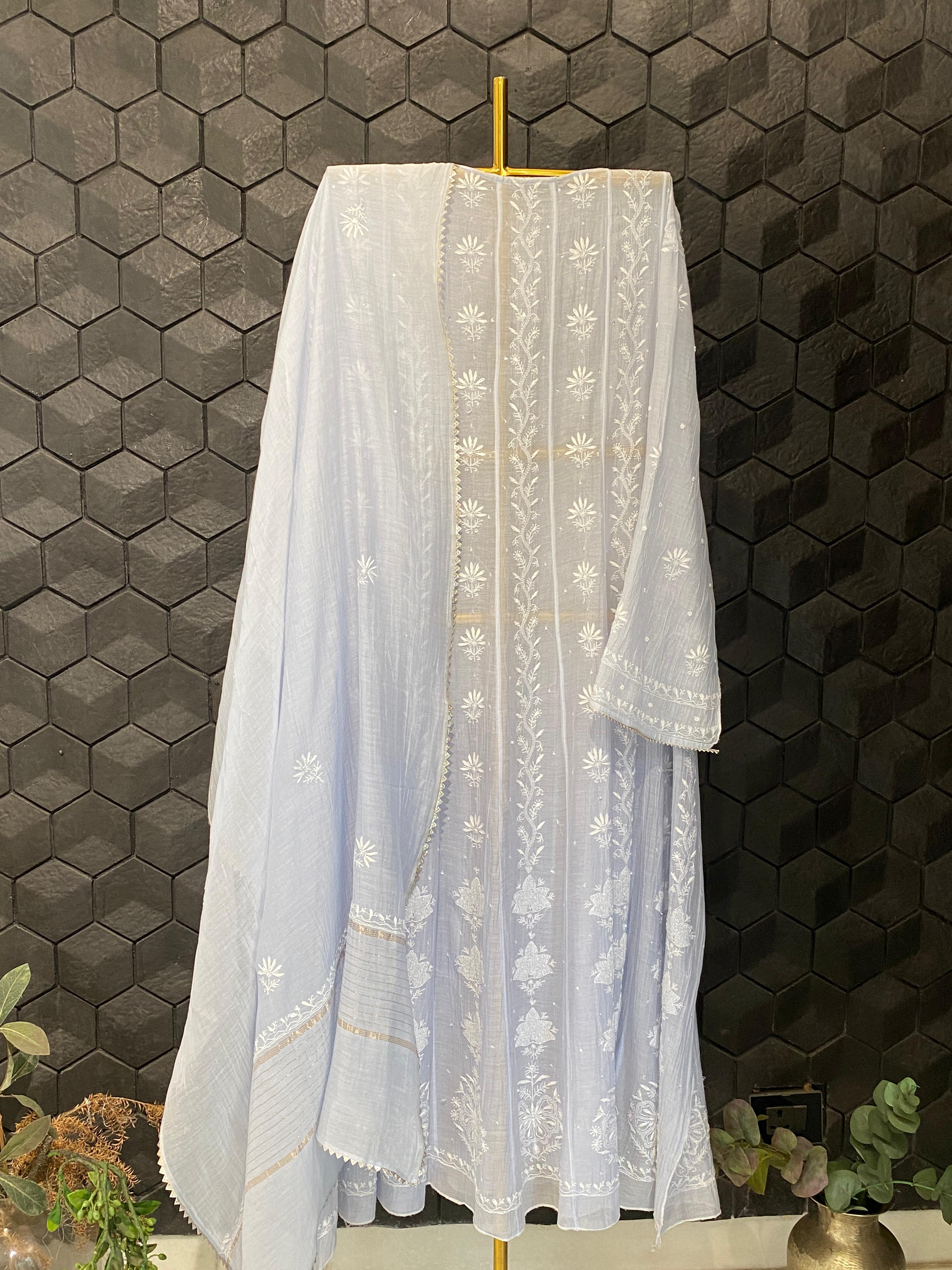 Blue Mul Chanderi Chikankari Anarkali Set