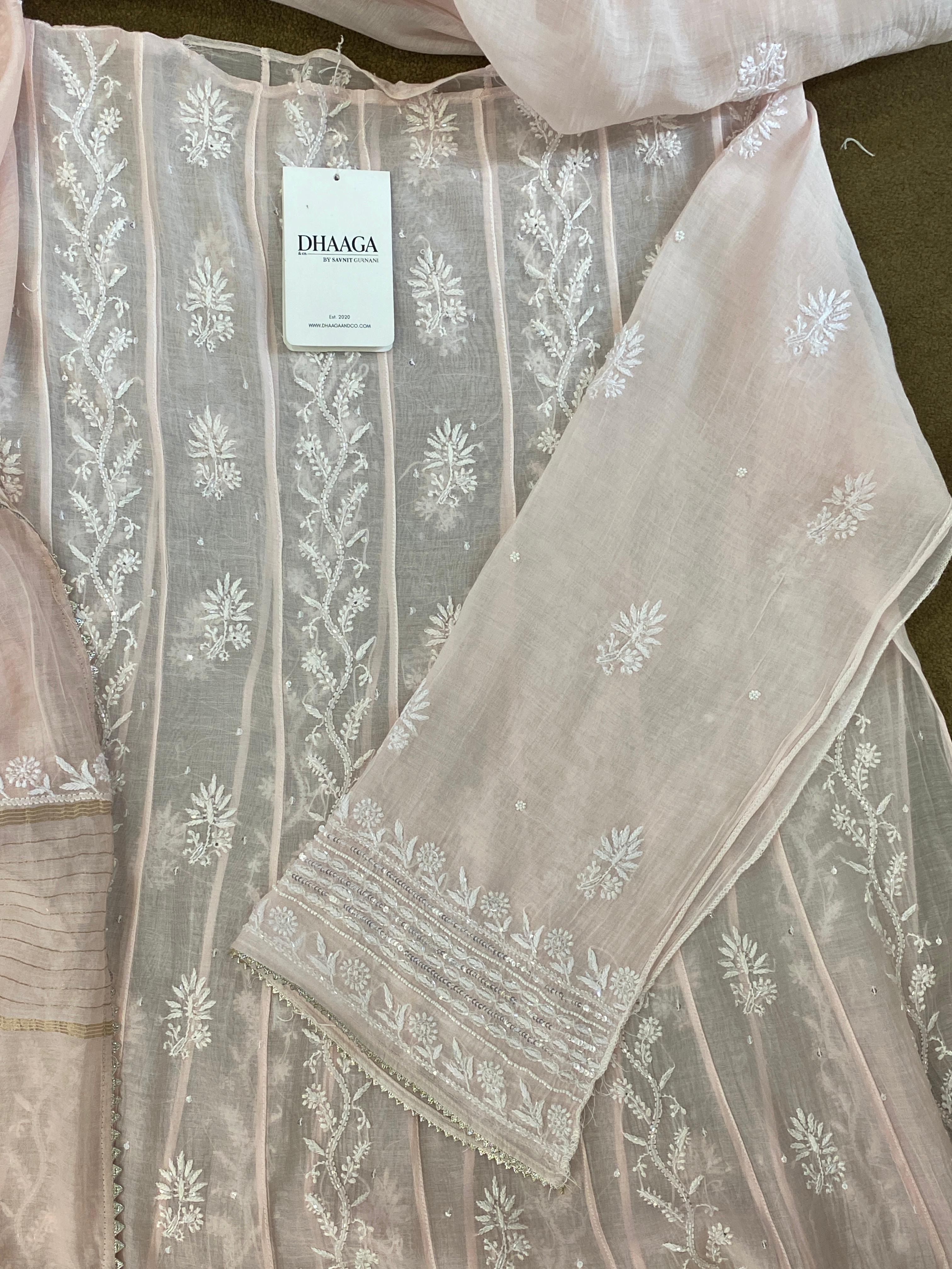Pink Mul Chanderi Chikankari Anarkali Set