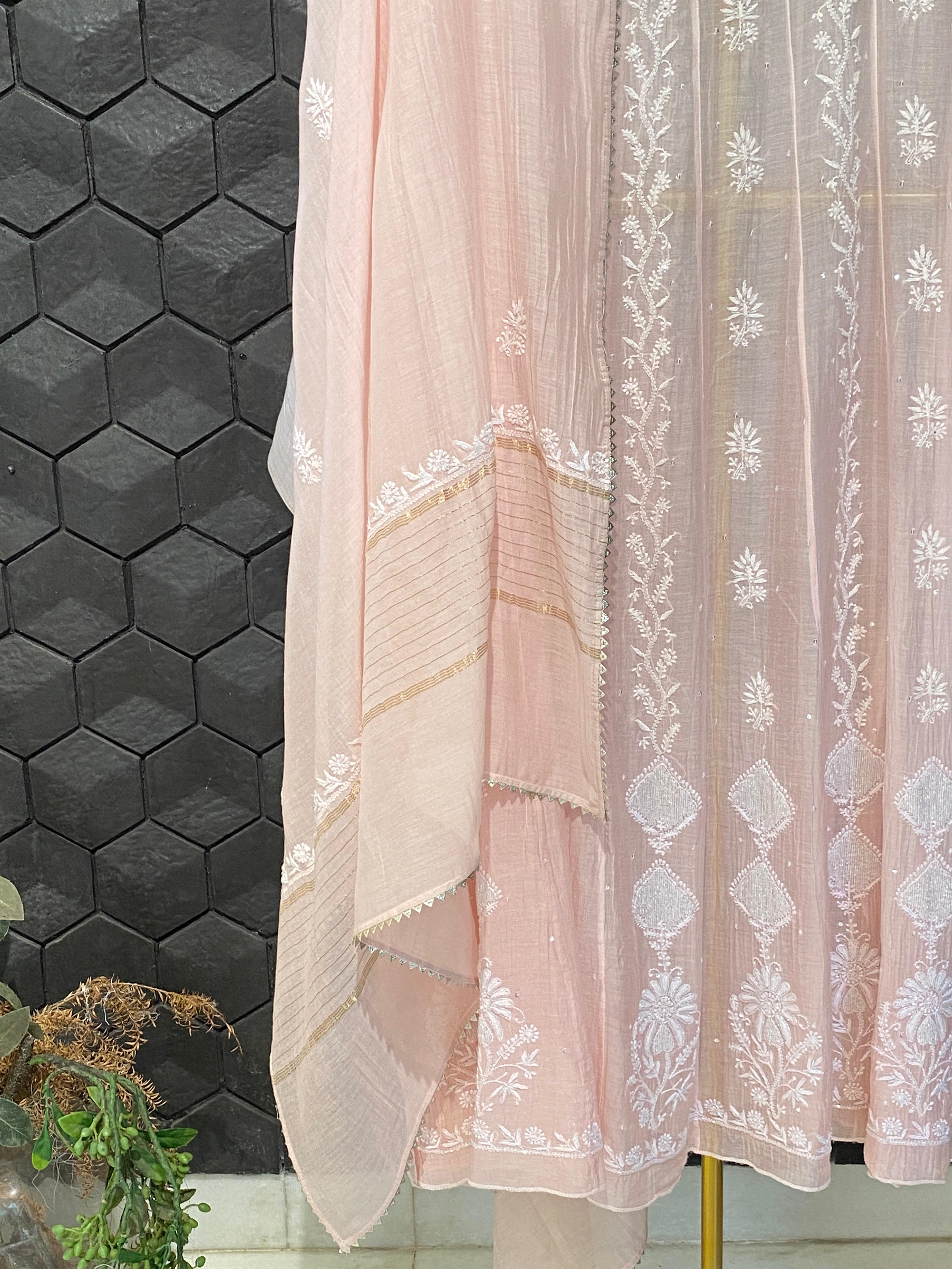 Pink Mul Chanderi Chikankari Anarkali Set