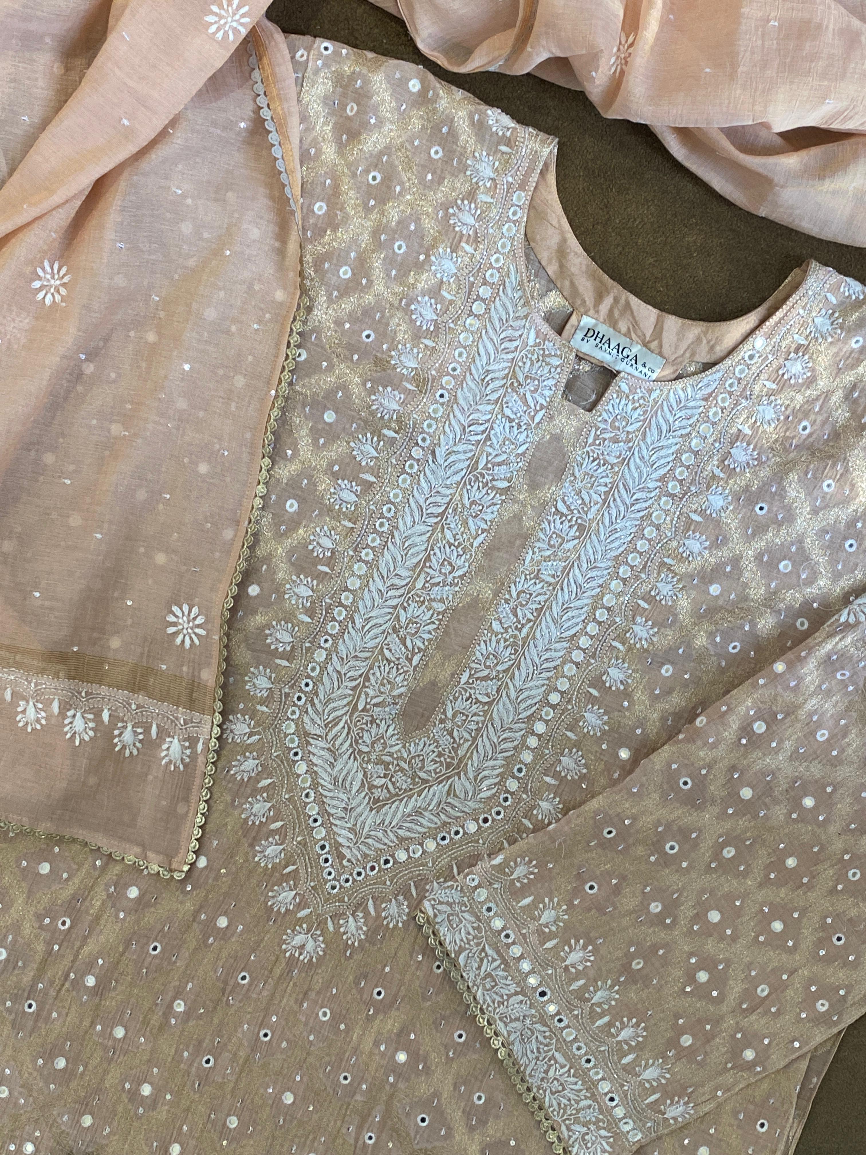 Peach Tissue Chikankari Kurta Set
