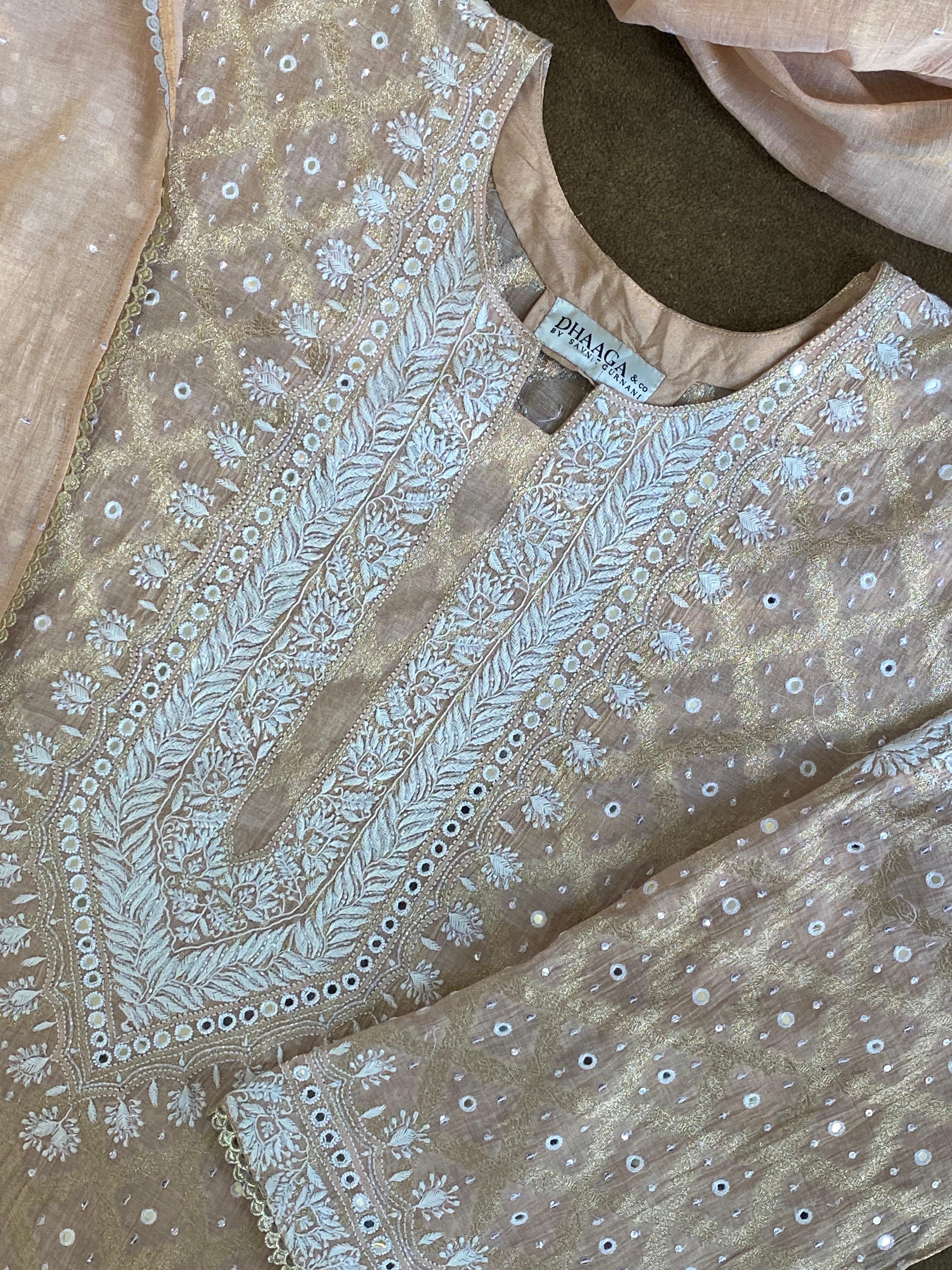 Peach Tissue Chikankari Kurta Set