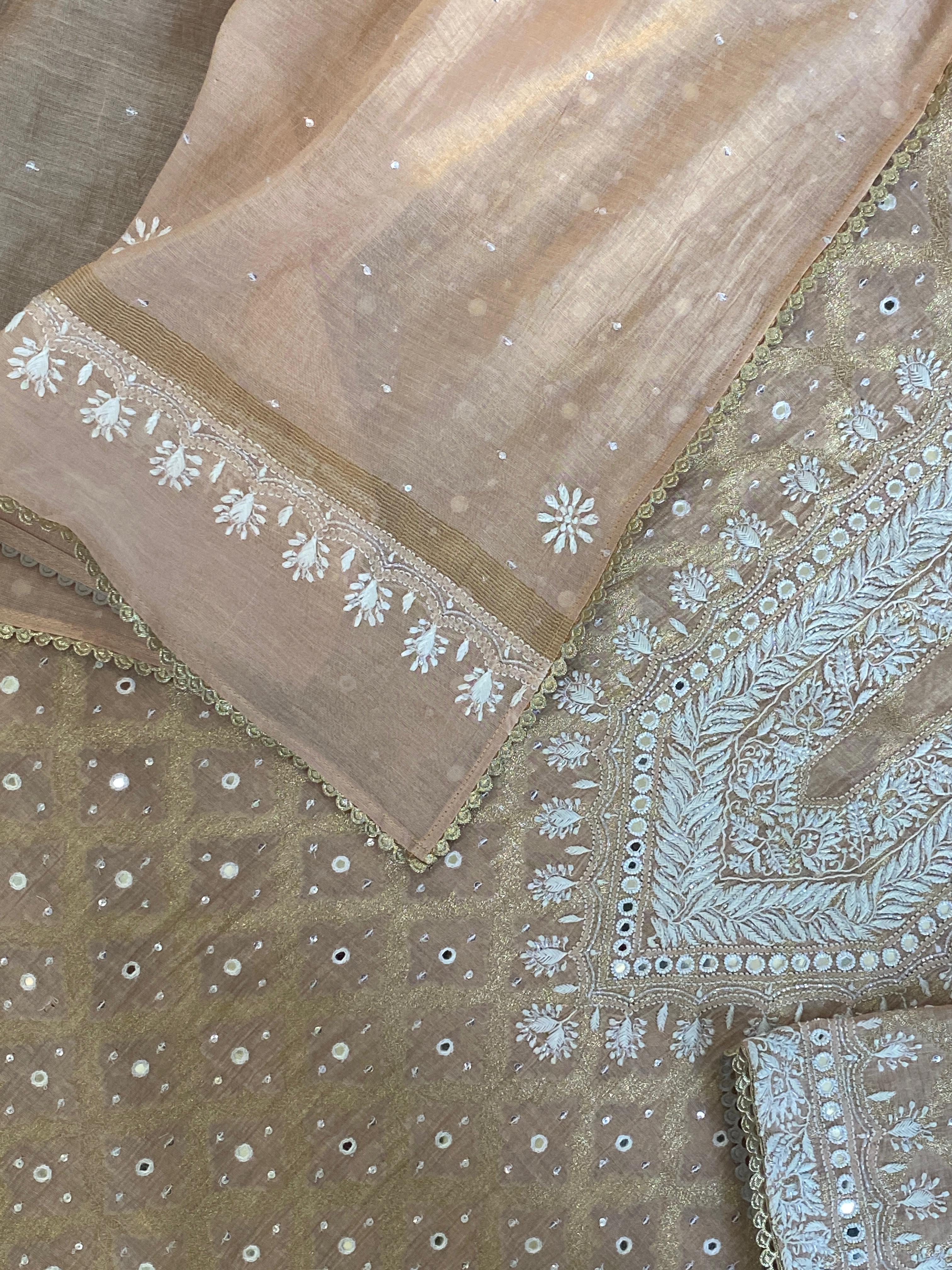 Peach Tissue Chikankari Kurta Set