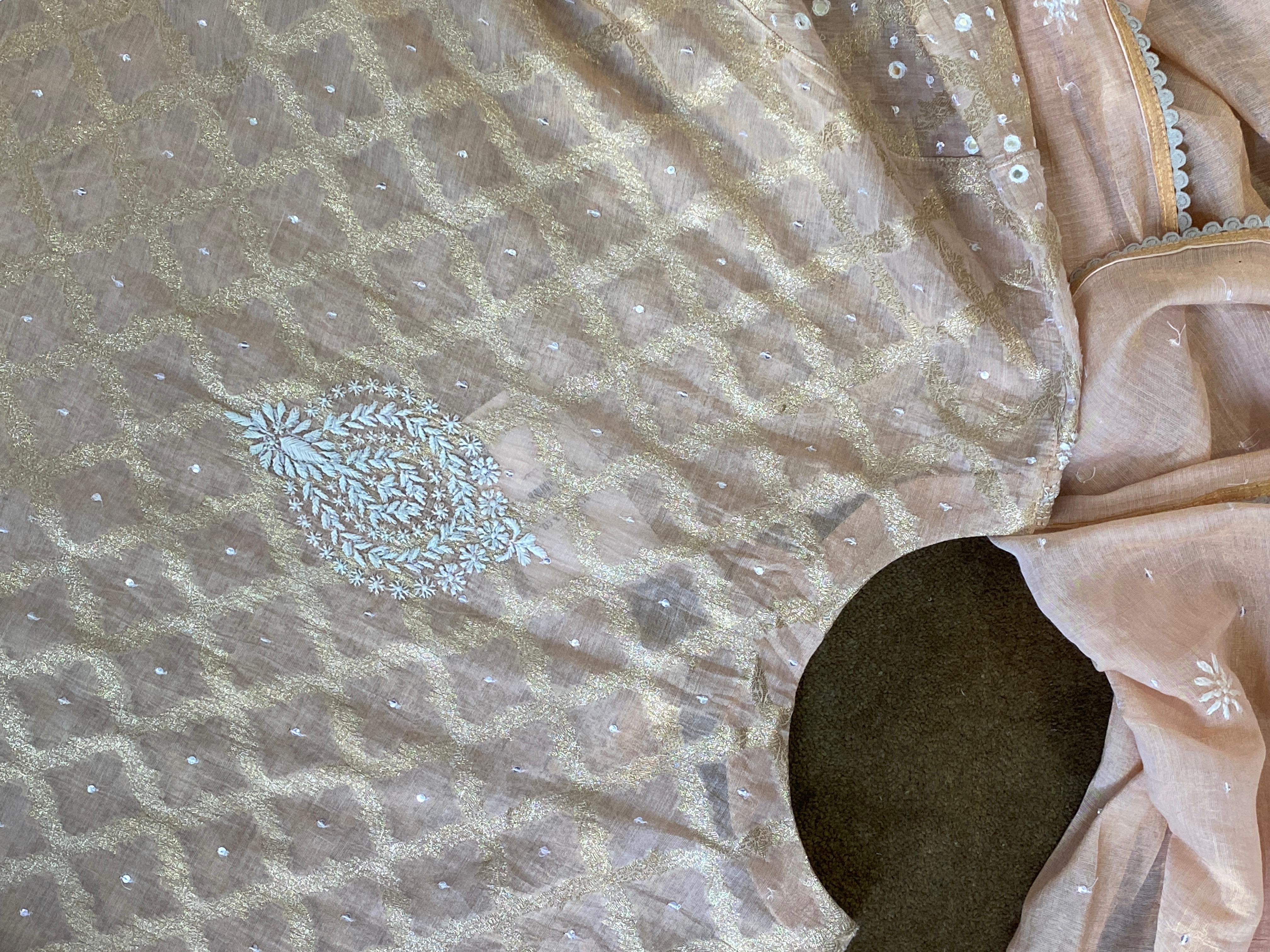 Peach Tissue Chikankari Kurta Set