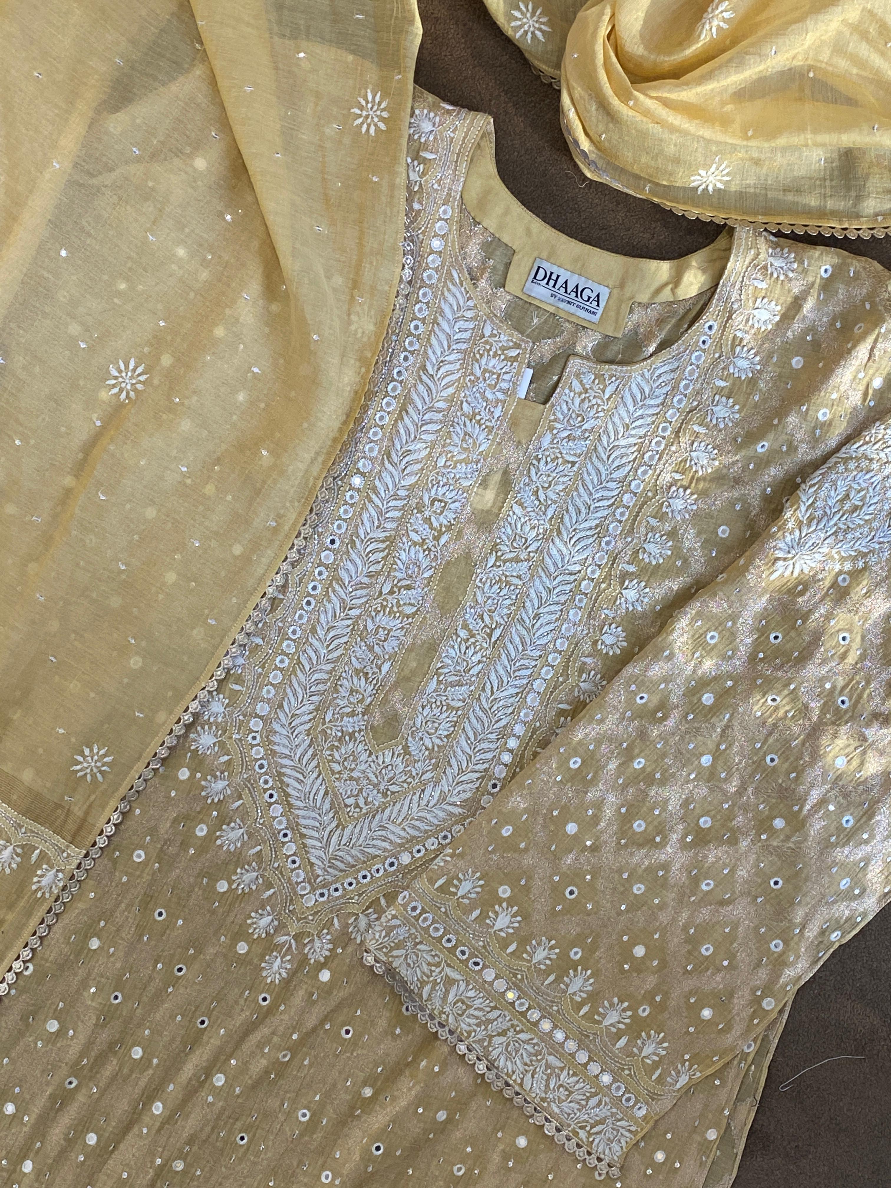 Yellow Tissue Chikankari Kurta Set