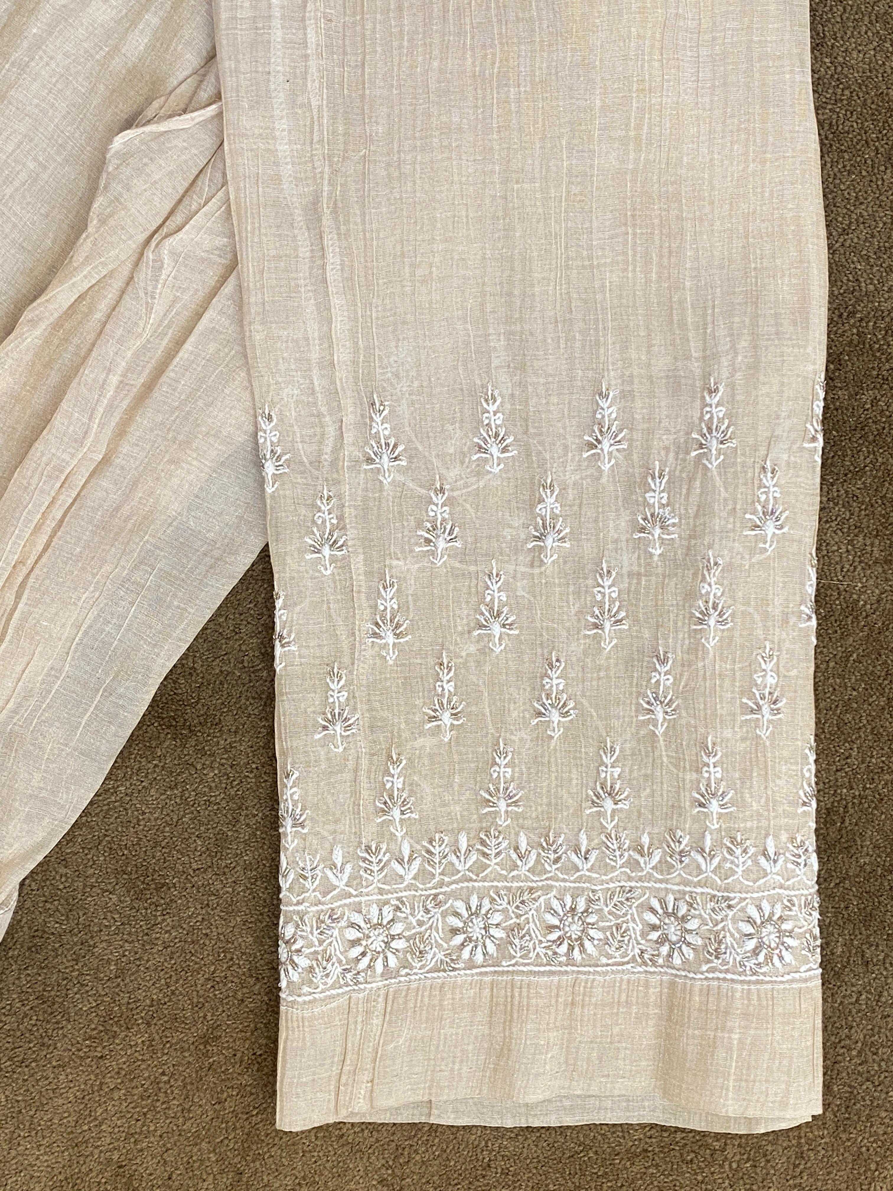 Beige Zari Tissue Chikankari Kurta Set
