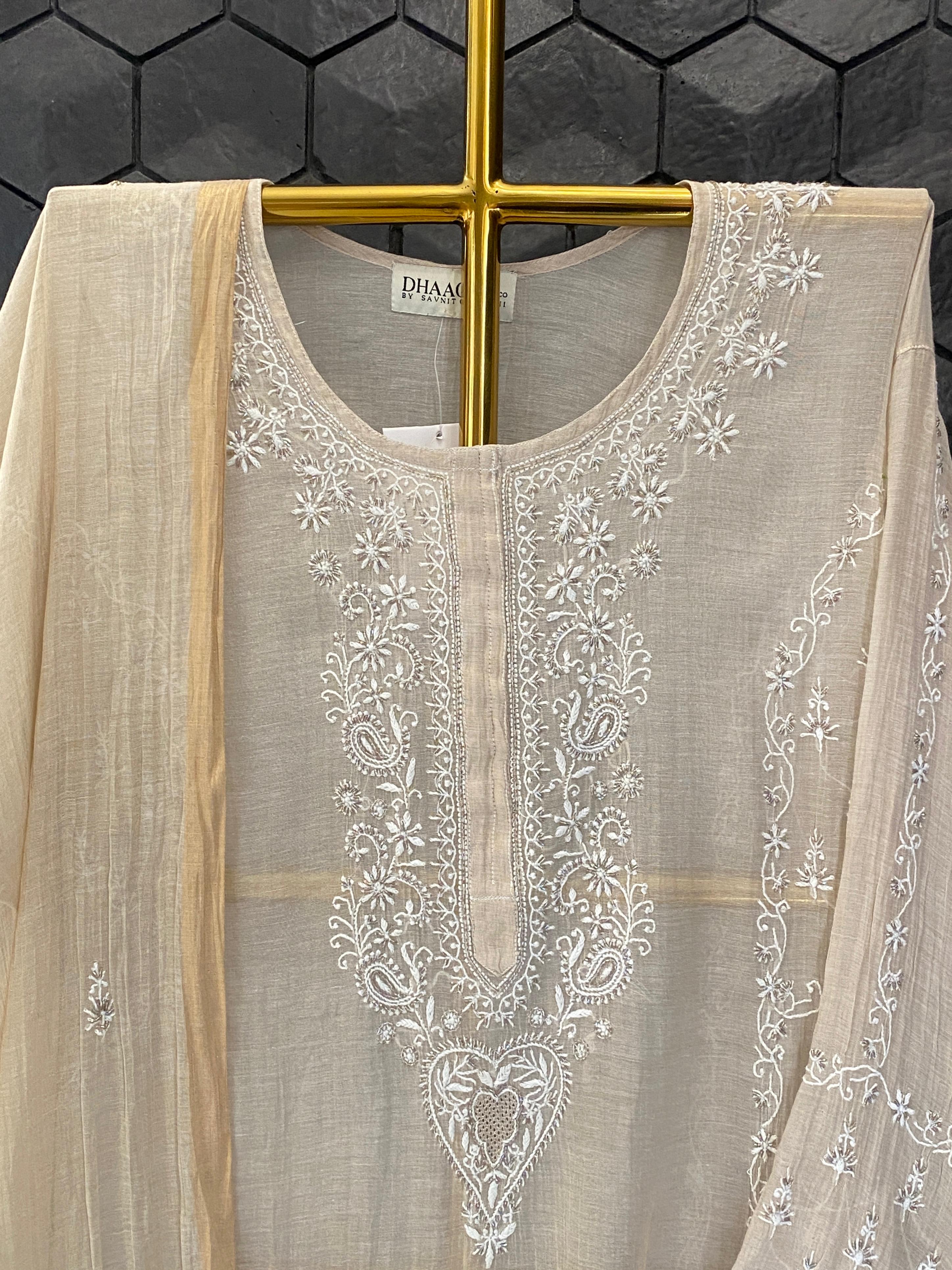 Beige Zari Tissue Chikankari Kurta Set