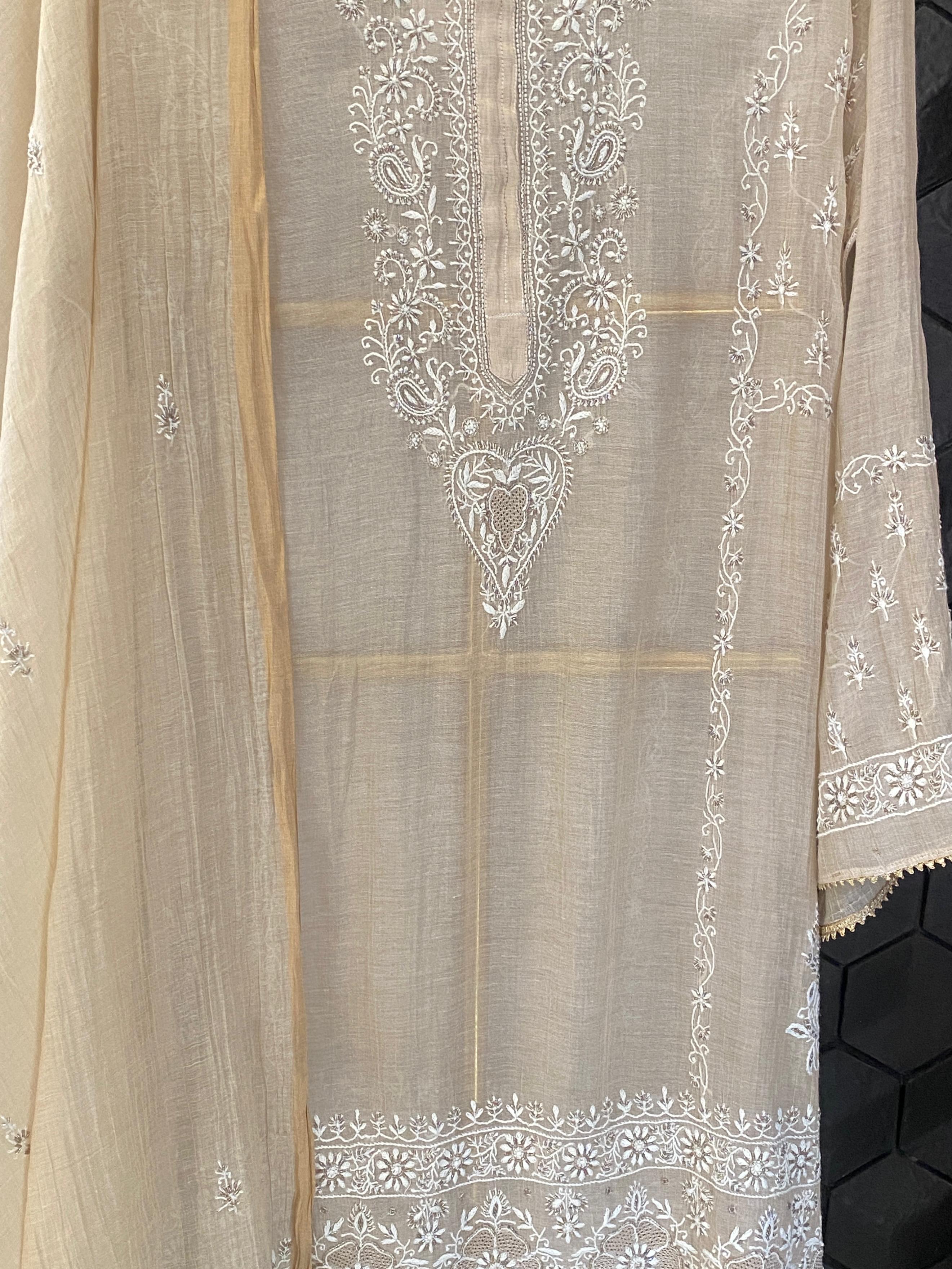 Beige Zari Tissue Chikankari Kurta Set