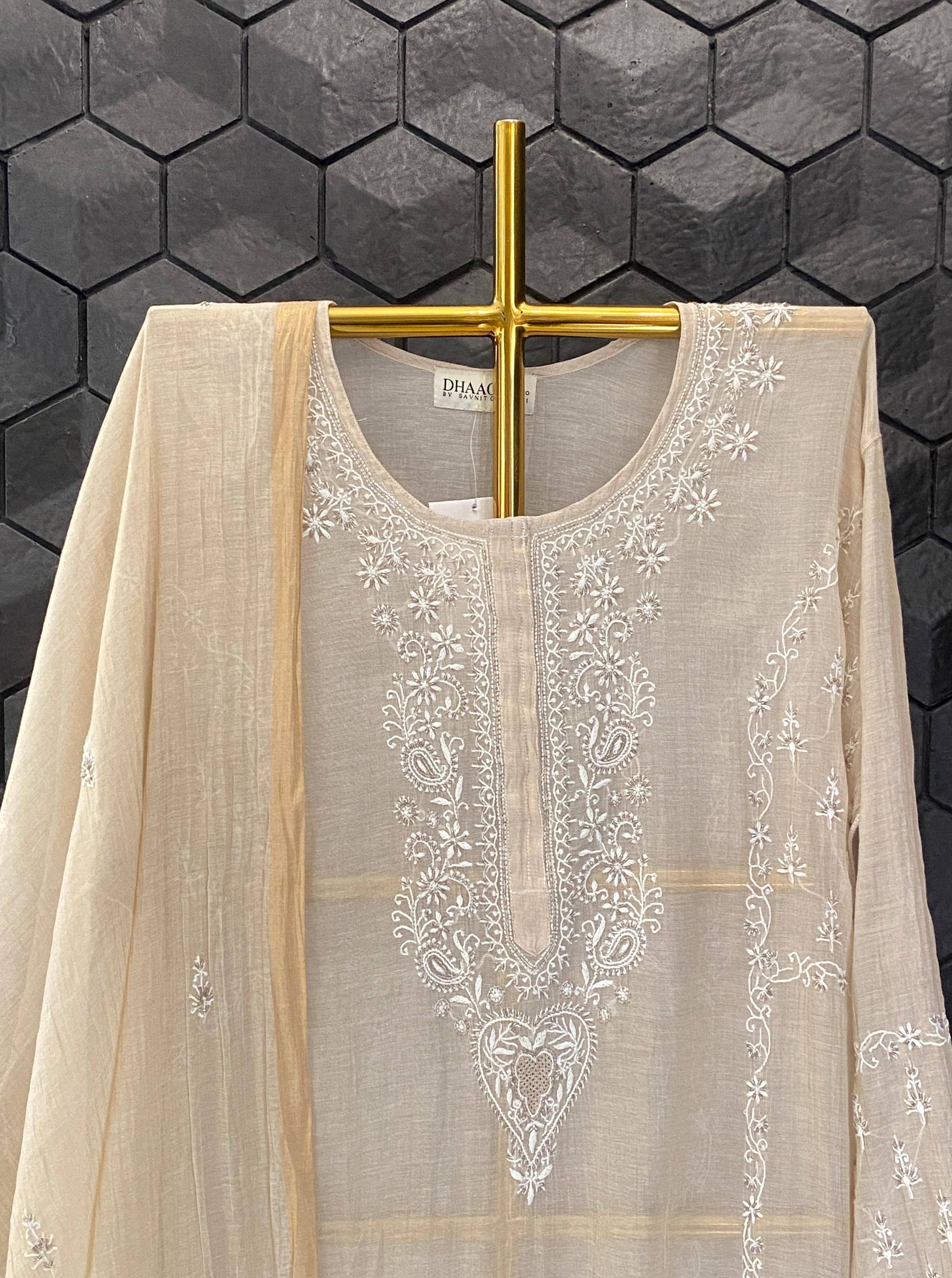 Beige Zari Tissue Chikankari Kurta Set