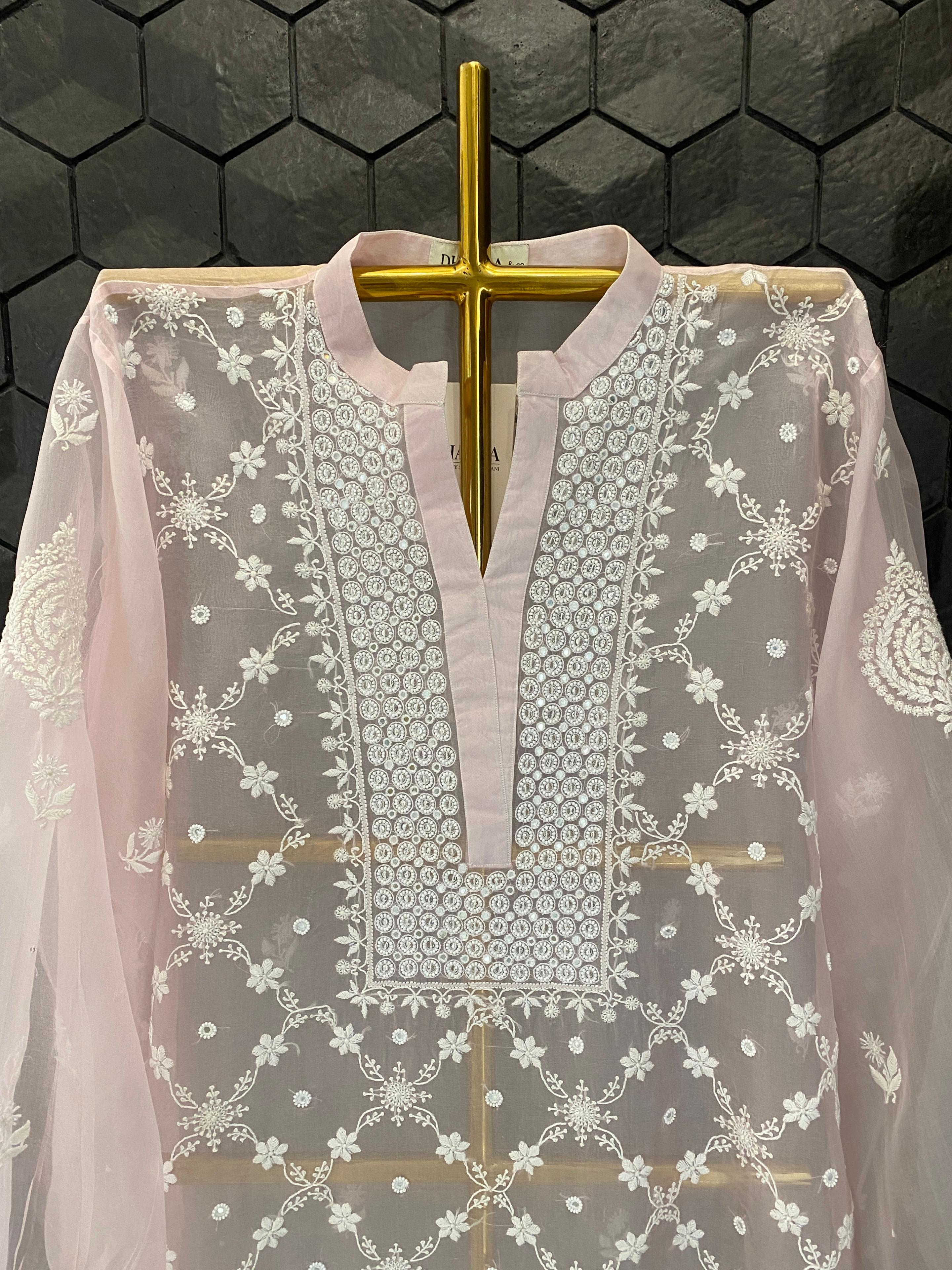 Pink Organza Chikankari Co-ord Set