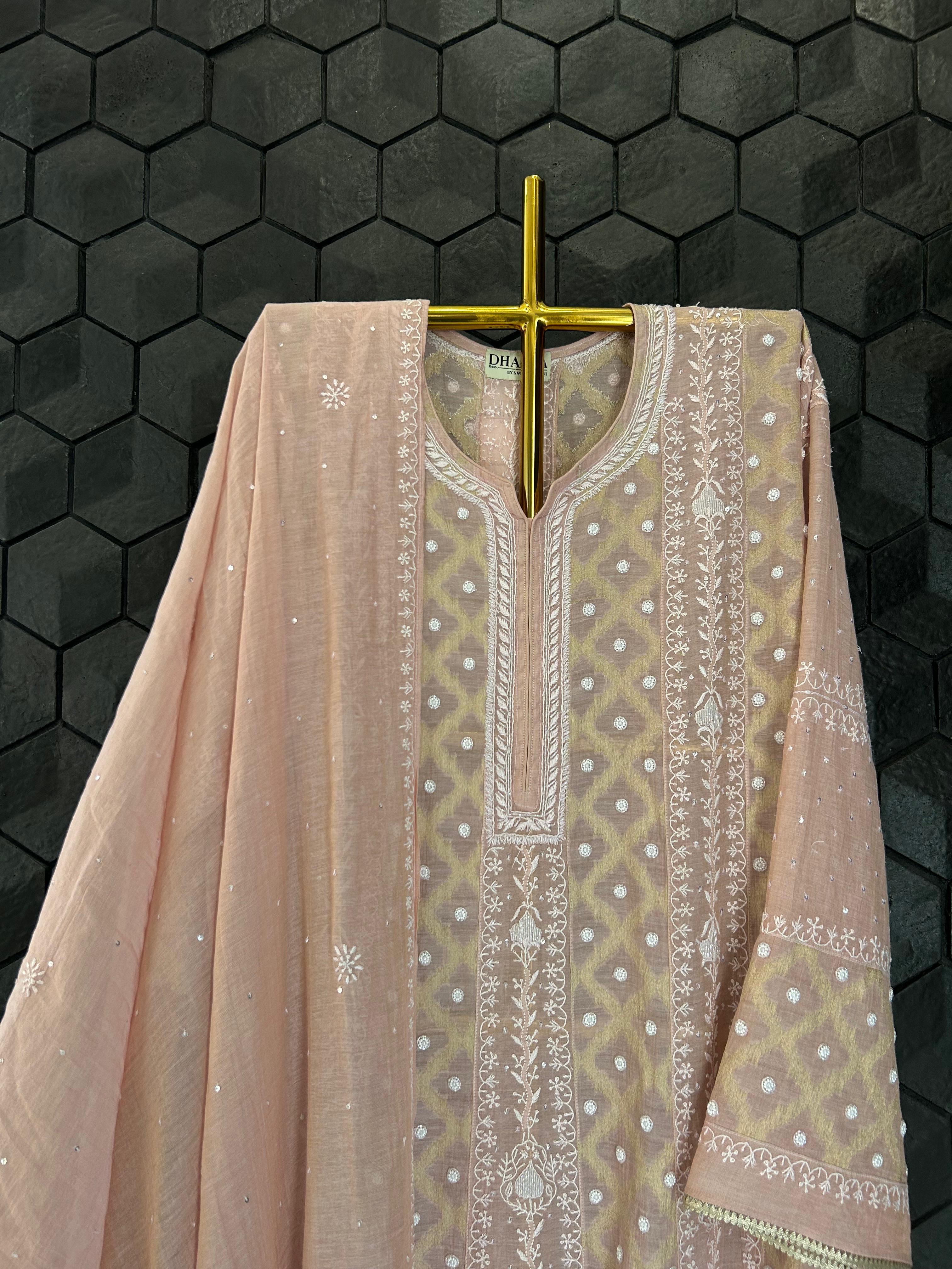 Pink Golden Tissue Chikankari Anarkali Set