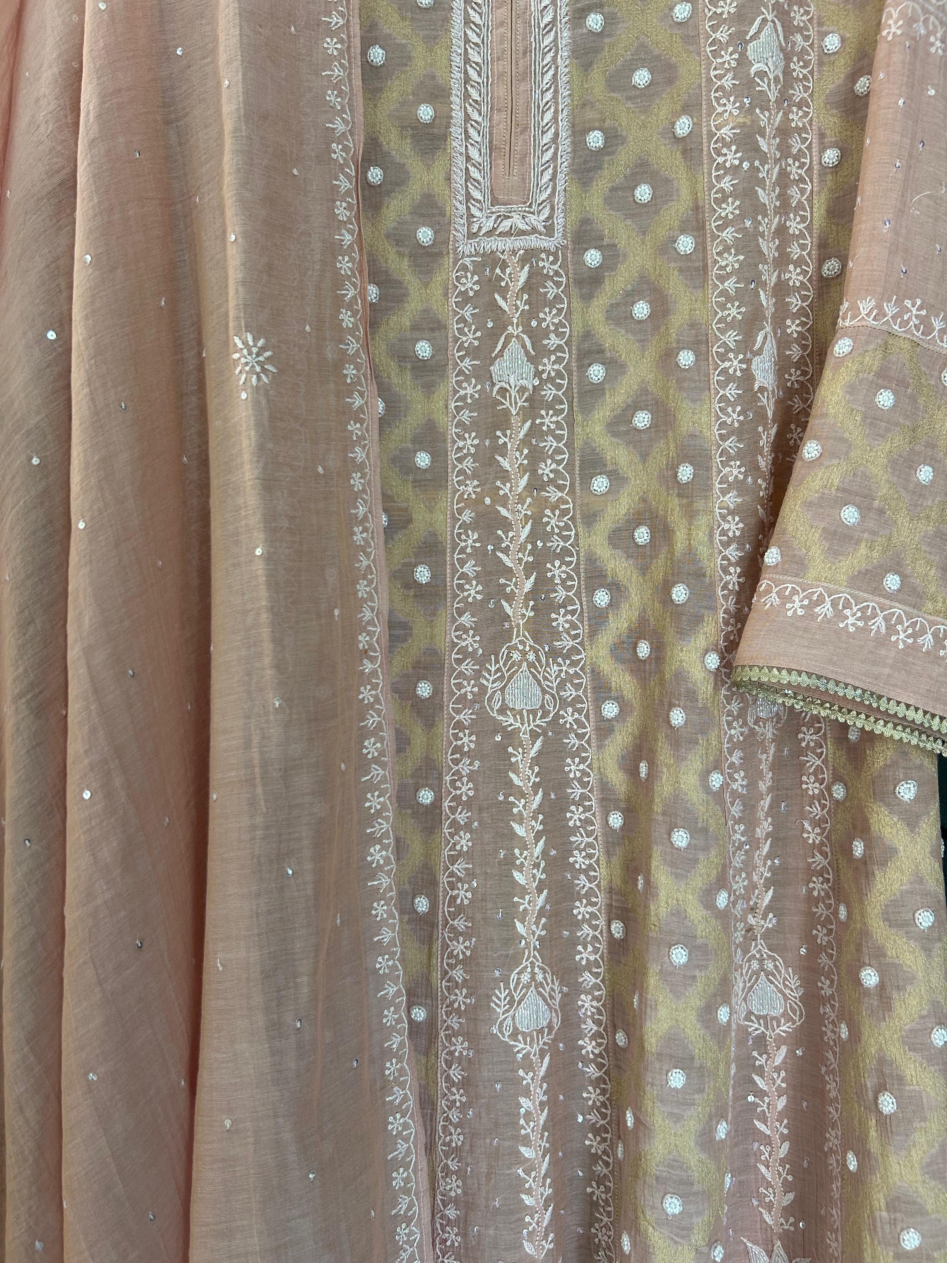 Pink Golden Tissue Chikankari Anarkali Set