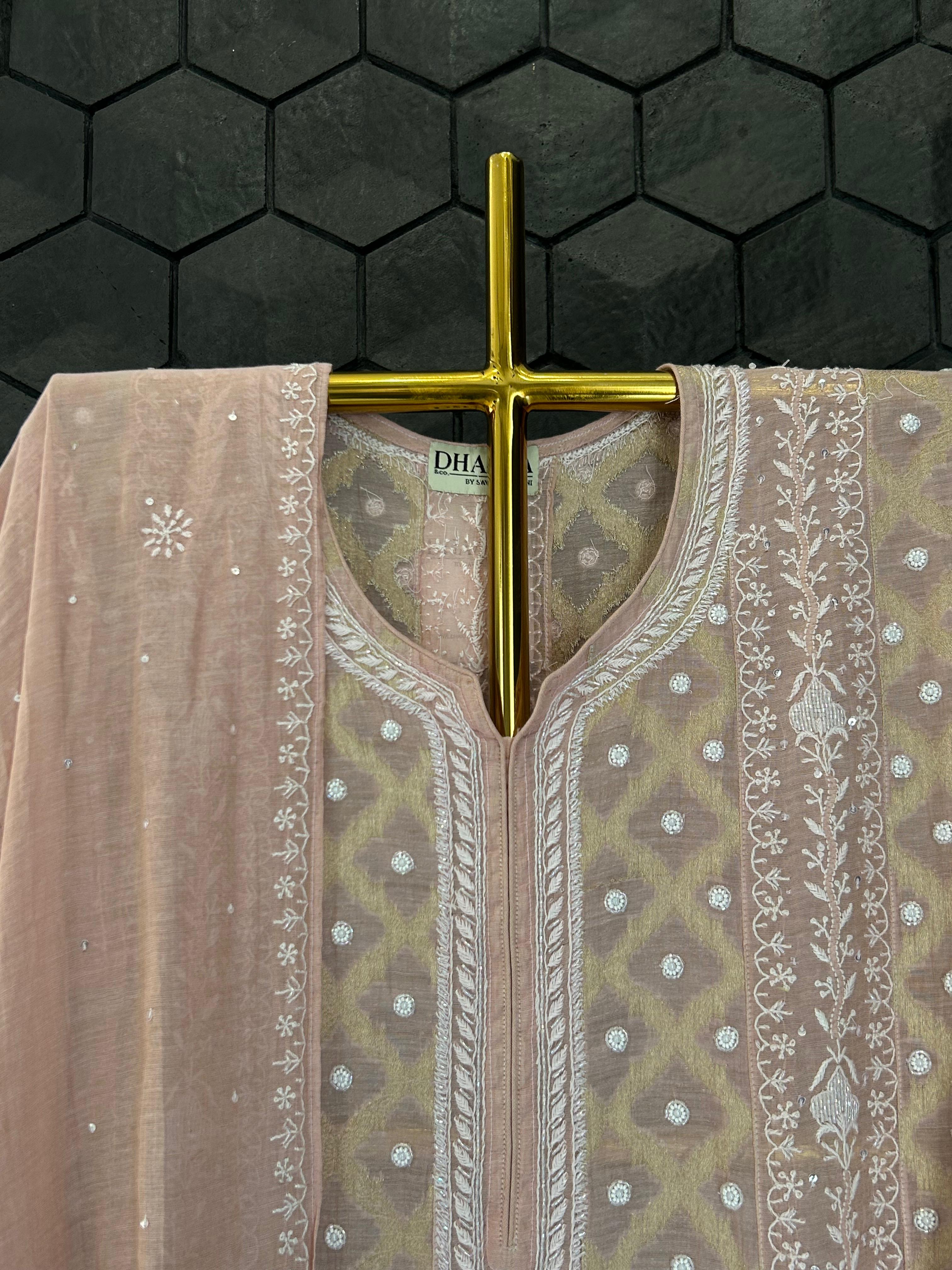 Pink Golden Tissue Chikankari Anarkali Set