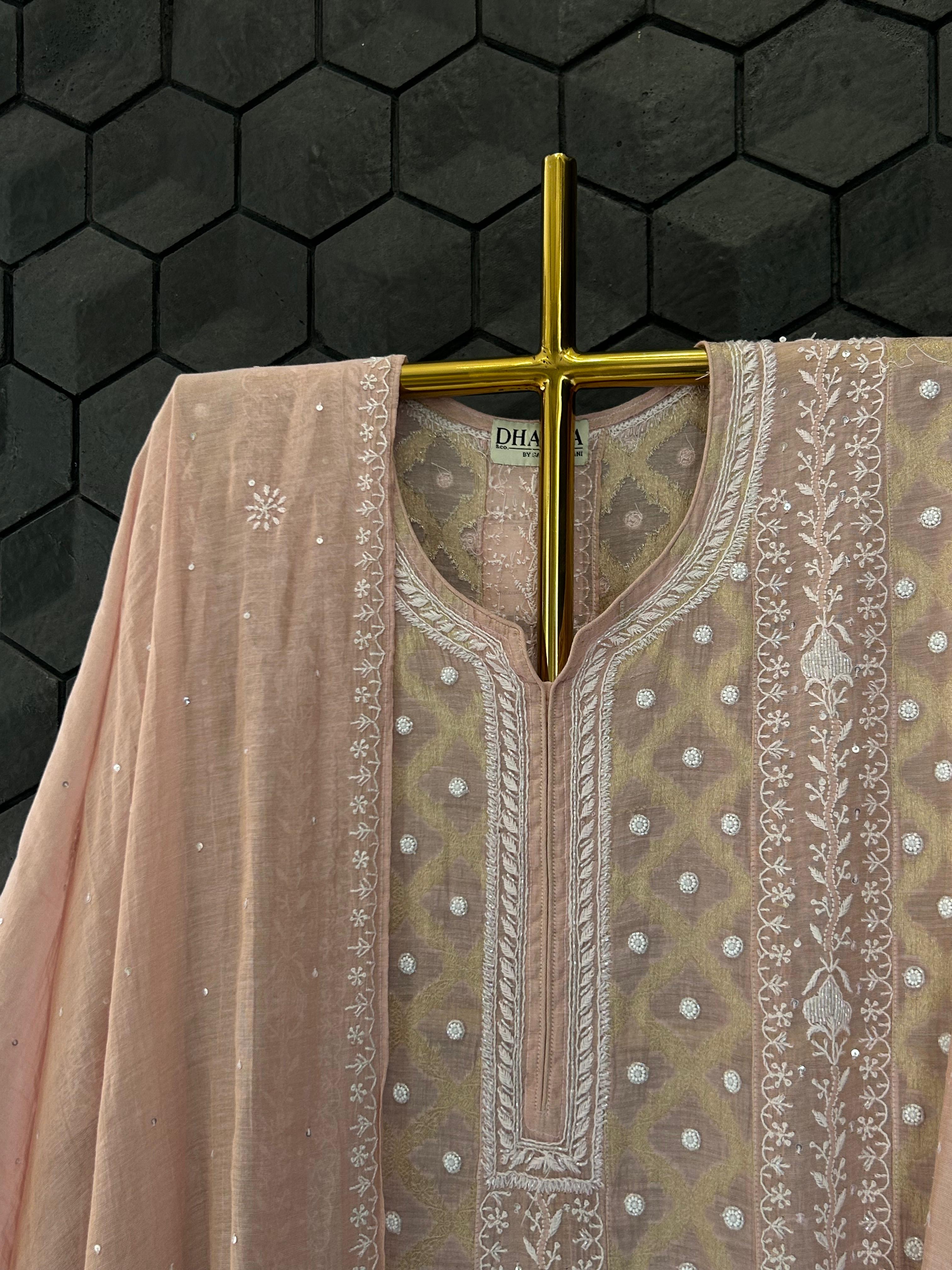Pink Golden Tissue Chikankari Anarkali Set