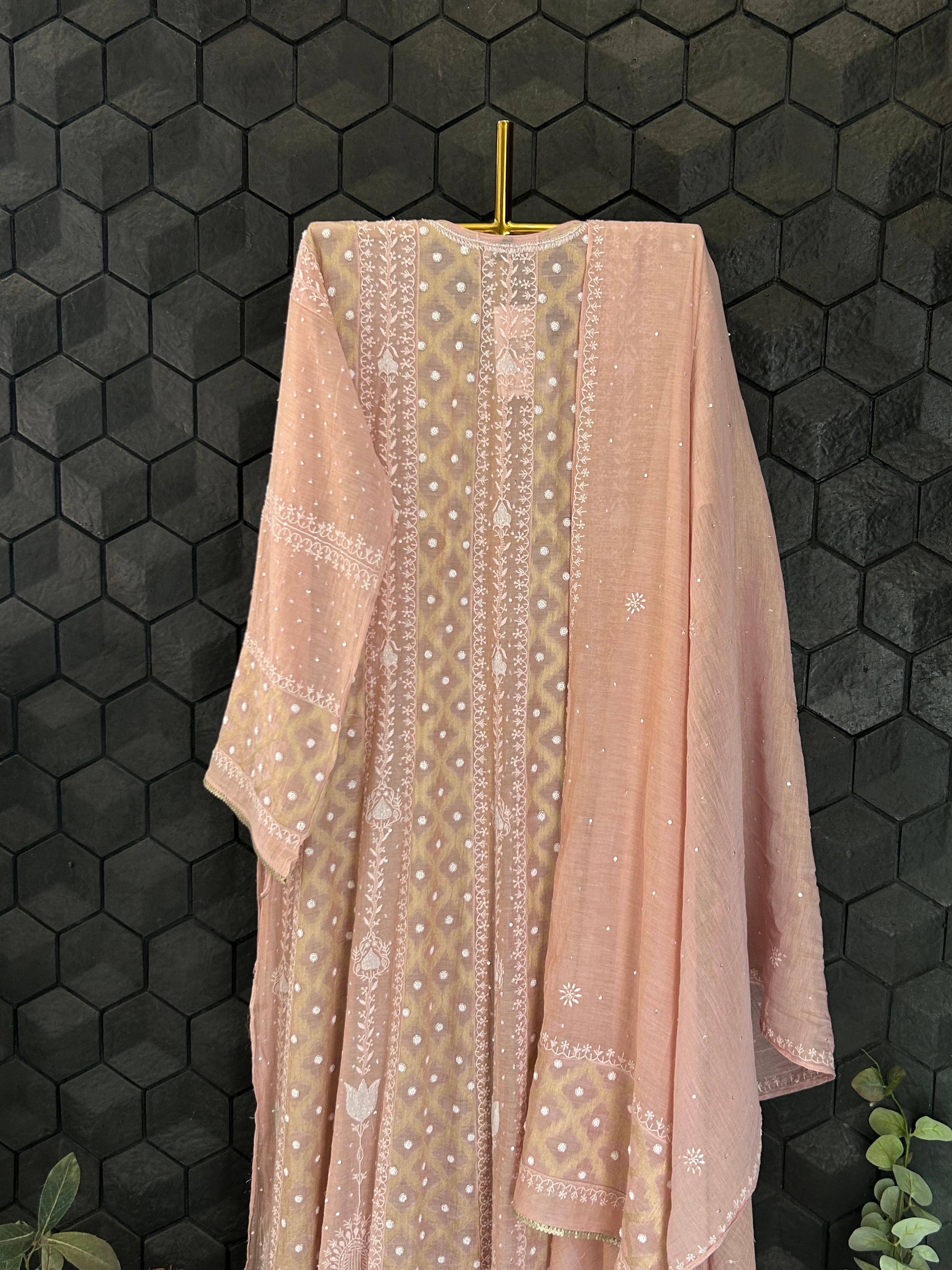 Pink Golden Tissue Chikankari Anarkali Set