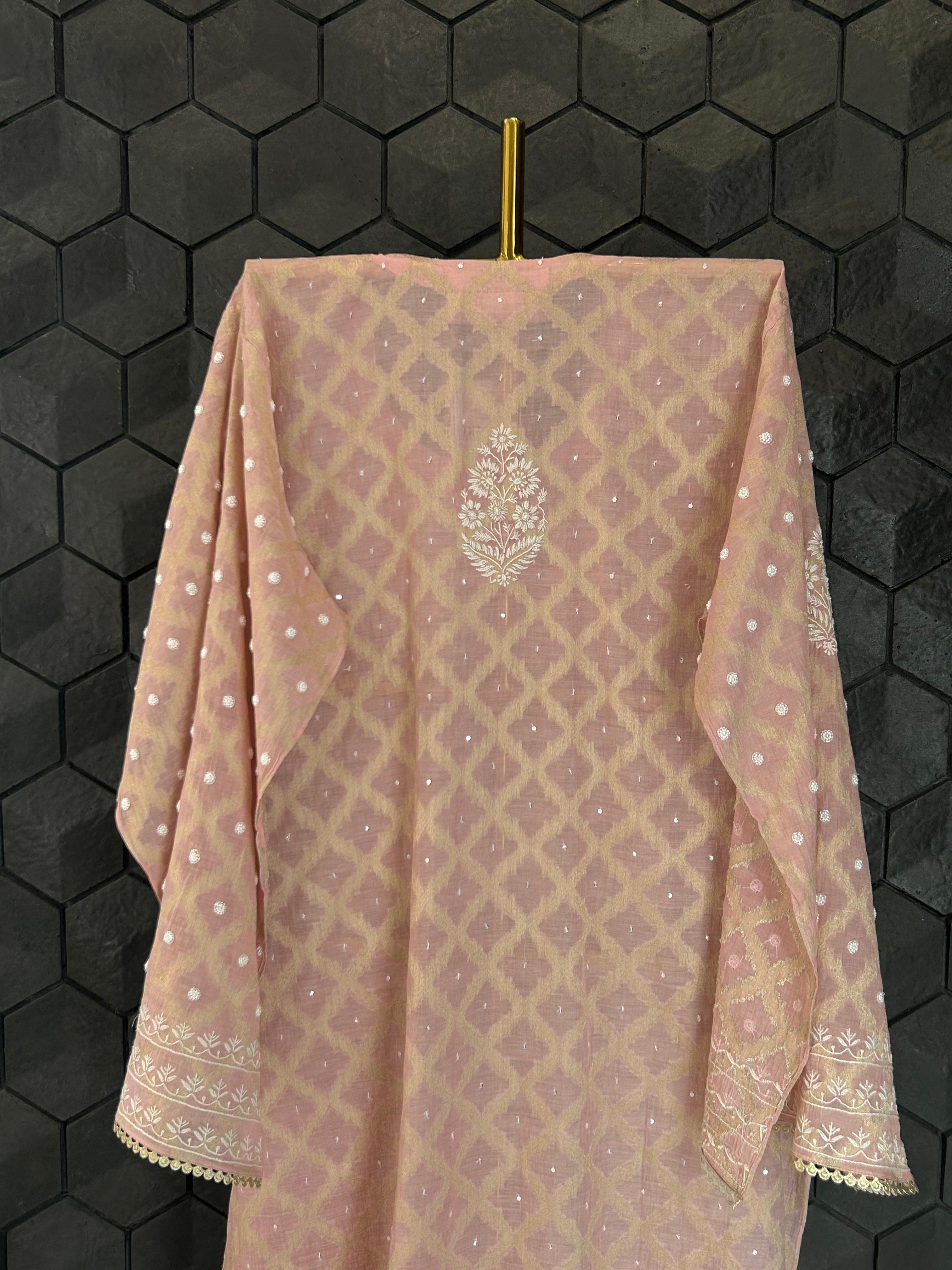 Pink Silver Tissue Chikankari Co-ord Set